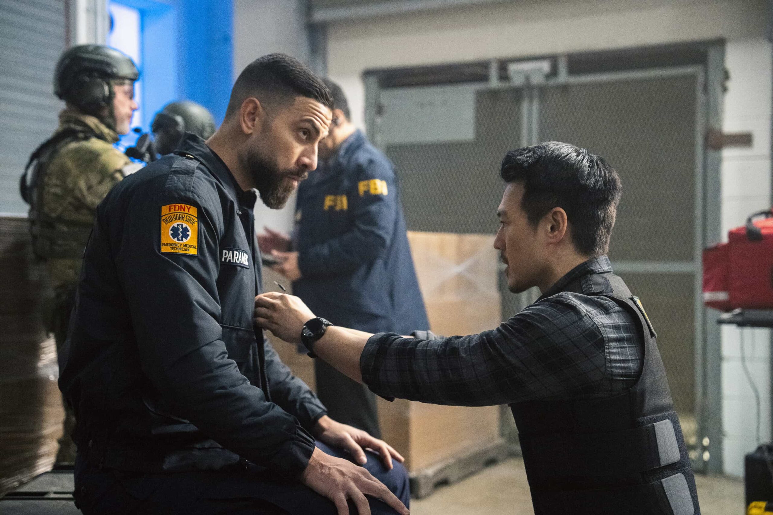 FBI Season 8 Episode 13 Image “Fanatics” – After the son of a professional basketball team owner is taken for ransom, Jubal and the team race to catch the kidnappers. Soon, they discover the perpetrators have been planning a larger revenge plot that they must act quickly to stop, on FBI, Monday, March 9 (9:00-10:00 PM, ET/PT). Pictured (L-R): Zeeko Zaki as Special Agent Omar Adom ‘OA’ Zidan and James Chen as Ian Lim. Photo: Bennett Raglin/CBS ©2026 CBS Broadcasting, Inc. All Rights Reserved.