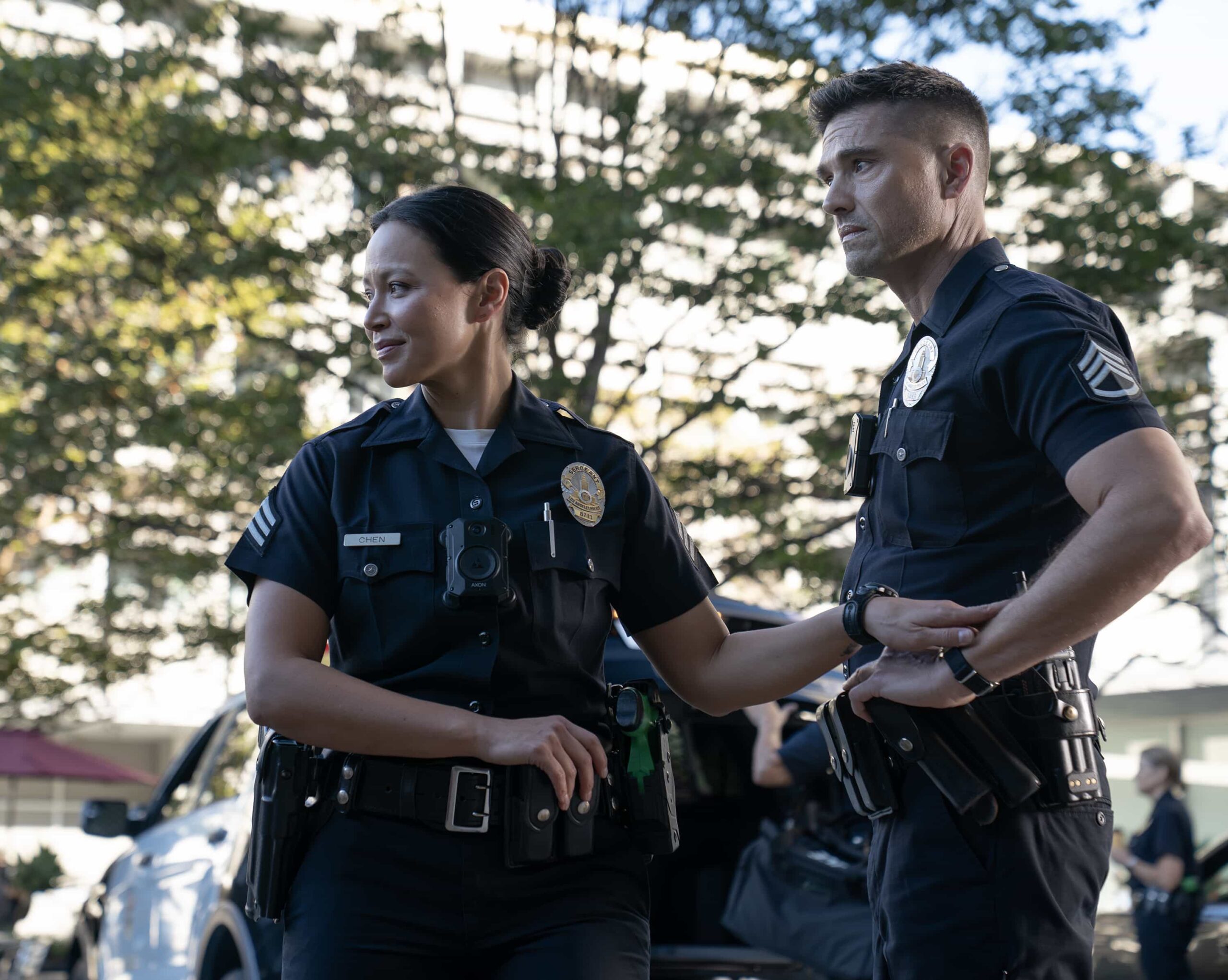 THE ROOKIE Season 8 Episode 10 - “His Name Was Martin” - Nolan, Harper and Miles face a dangerous situation when a routine check takes a sudden turn. Meanwhile, Bailey conducts a covert investigation at the Pentagon at the request of Lt. Grey. MONDAY, MARCH 9 (10:00-11:00 p.m. EDT) on ABC. (Disney/Mike Taing) 
MELISSA O’NEIL, ERIC WINTER