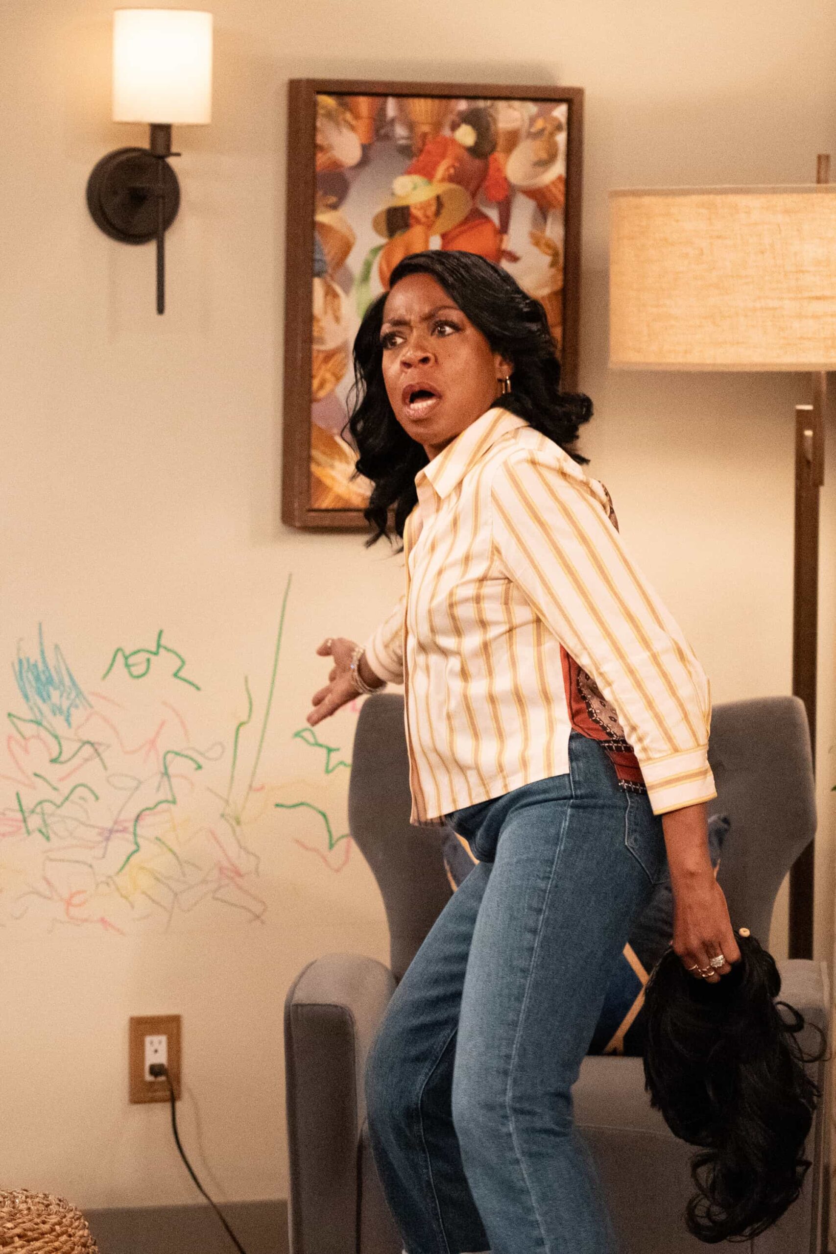 The Neighborhood Season 8 Episode 11 “Welcome to the Baby Proofing” – While Marty heads to San Diego for a tech convention and Courtney is away for the weekend, Tina’s insistence on babysitting Daphne sparks a baby-proofing fiasco that leaves Calvin and Dave unexpectedly locked inside the bathroom, on THE NEIGHBORHOOD, Pictured: Tichina Arnold as Tina. Photo: Monty Brinton/CBS ©2025 CBS Broadcasting, Inc. All Rights Reserved.