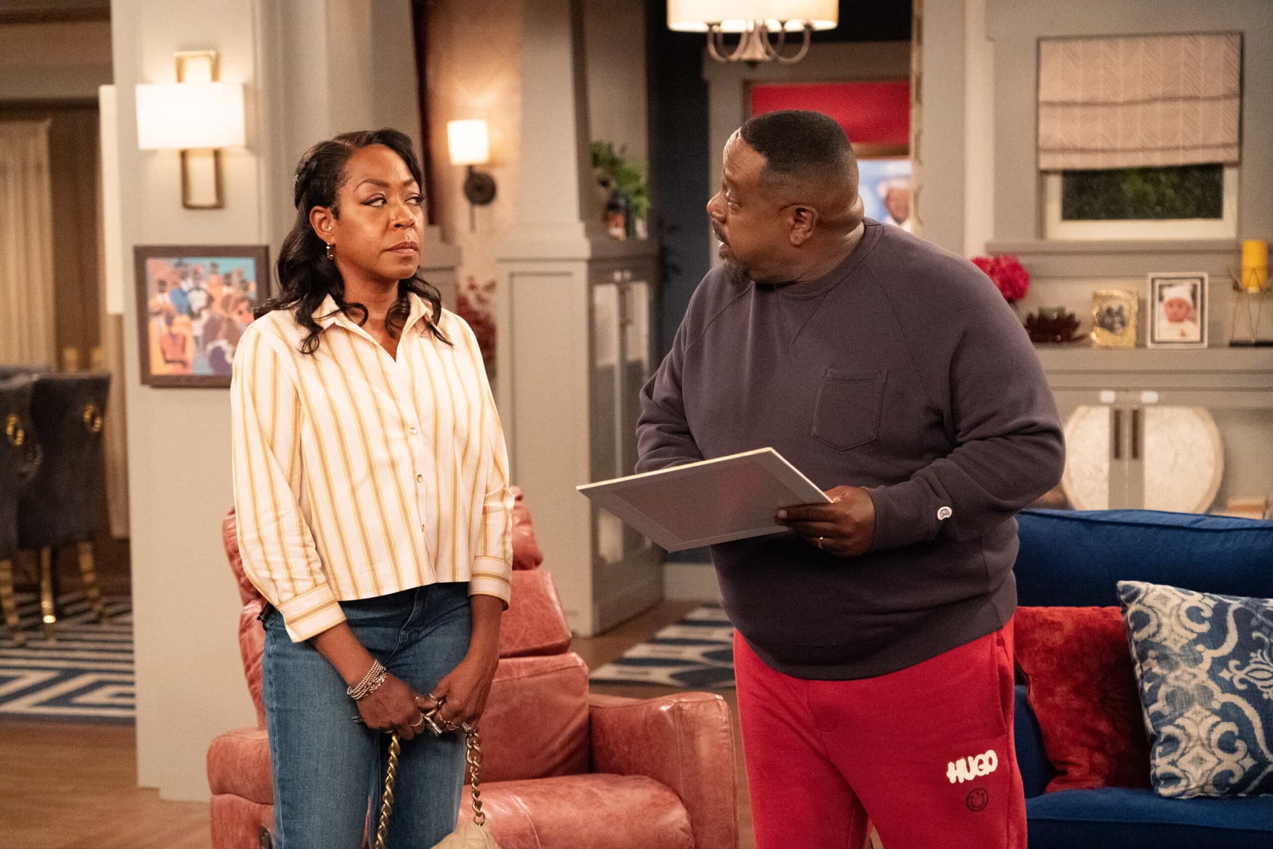 “Welcome to the Baby Proofing” – While Marty heads to San Diego for a tech convention and Courtney is away for the weekend, Tina’s insistence on babysitting Daphne sparks a baby-proofing fiasco that leaves Calvin and Dave unexpectedly locked inside the bathroom, on THE NEIGHBORHOOD, Pictured: Tichina Arnold as Tina and Cedric The Entertainer as Calvin. Photo: Monty Brinton/CBS ©2025 CBS Broadcasting, Inc. All Rights Reserved.