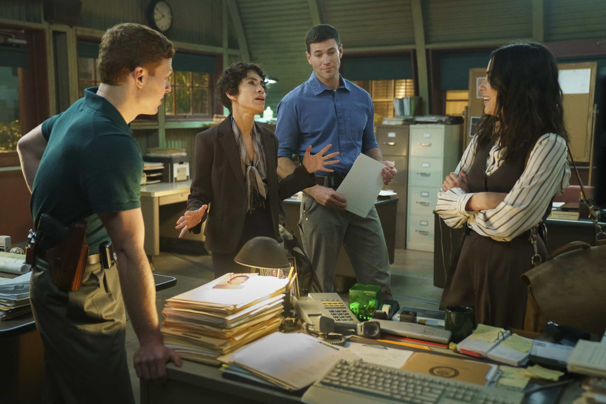 NCIS Origins Season 2 Episode 10 Photo “Lean on Me” – When a marine captain shows up at Camp Pendleton exhibiting symptoms of a fatal virus, NIS goes on lockdown and Gibbs is forced to take charge. As panic spreads, the team races to determine whether it really is a deadly outbreak or something else entirely, on NCIS: ORIGINS, Tuesday, March 10 (9:00-10:00 PM, ET/PT) on the CBS Television Network, and streaming on Paramount+ (live and on demand for Paramount+ Premium plan subscribers, or on demand for Paramount+ Essential subscribers the day after the episode airs)*.  Pictured L to R: Caleb Foote as Bernard “Randy” Randolf, Diany Rodriguez as Vera Strickland, Austin Stowell as Leroy Jethro Gibbs, and Mariel Molino as Cecilia “Lala” Dominguez.   Photo: Erik Voake/CBS ©2025 CBS Broadcasting, Inc. All Rights Reserved.