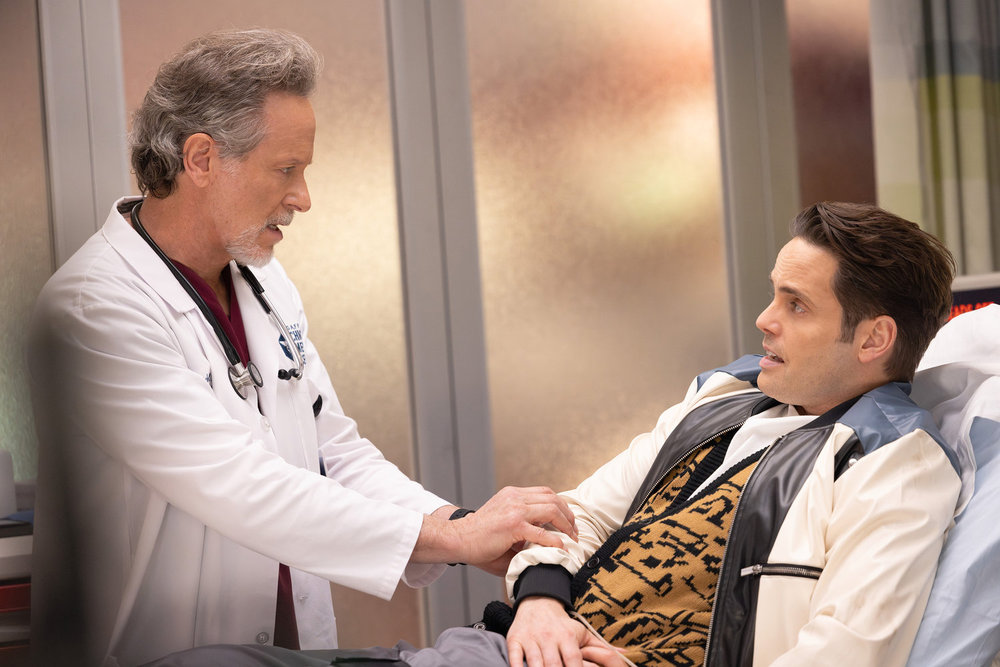 CHICAGO MED -- "Twist & Shout" Episode 1114 -- Pictured: (l-r) Steven Weber as Dr. Dean Archer, Justin Mortelliti as Glenn Hoffman -- (Photo by: George Burns Jr/NBC)