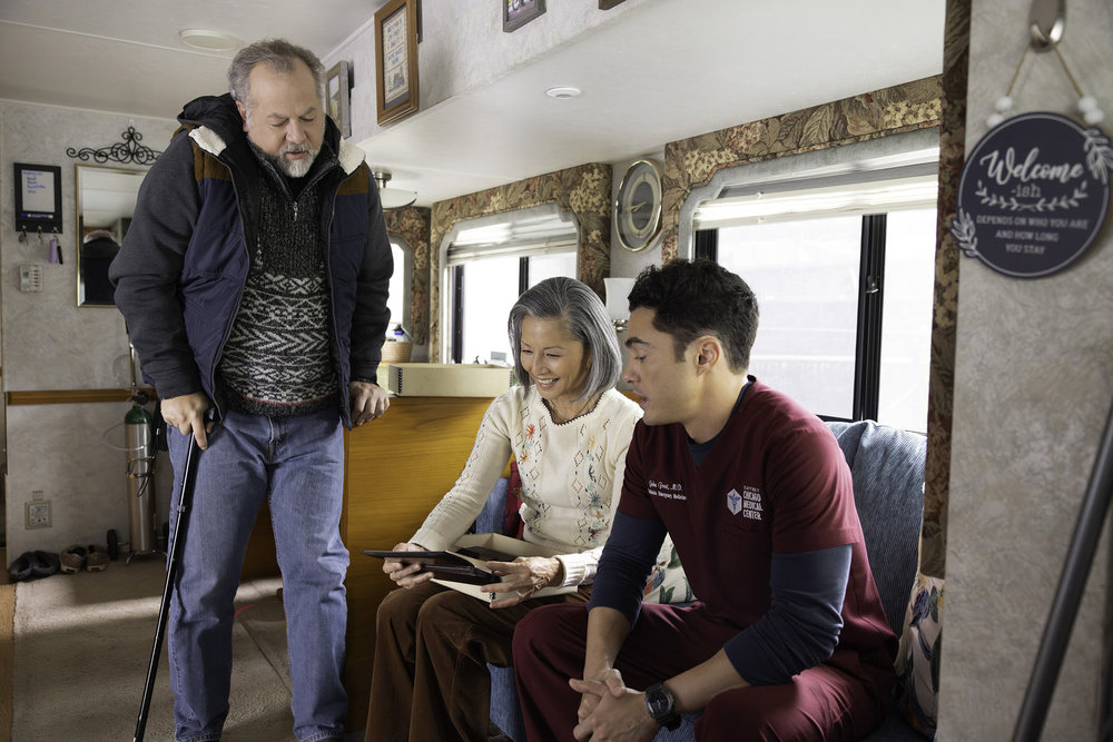 CHICAGO MED -- "Twist & Shout" Episode 1114 -- Pictured: (l-r) David Costabile as James Frost, Tamlyn Tomita as Celeste Frost, Darren Barnet as Dr. John Frost -- (Photo by: George Burns Jr/NBC)