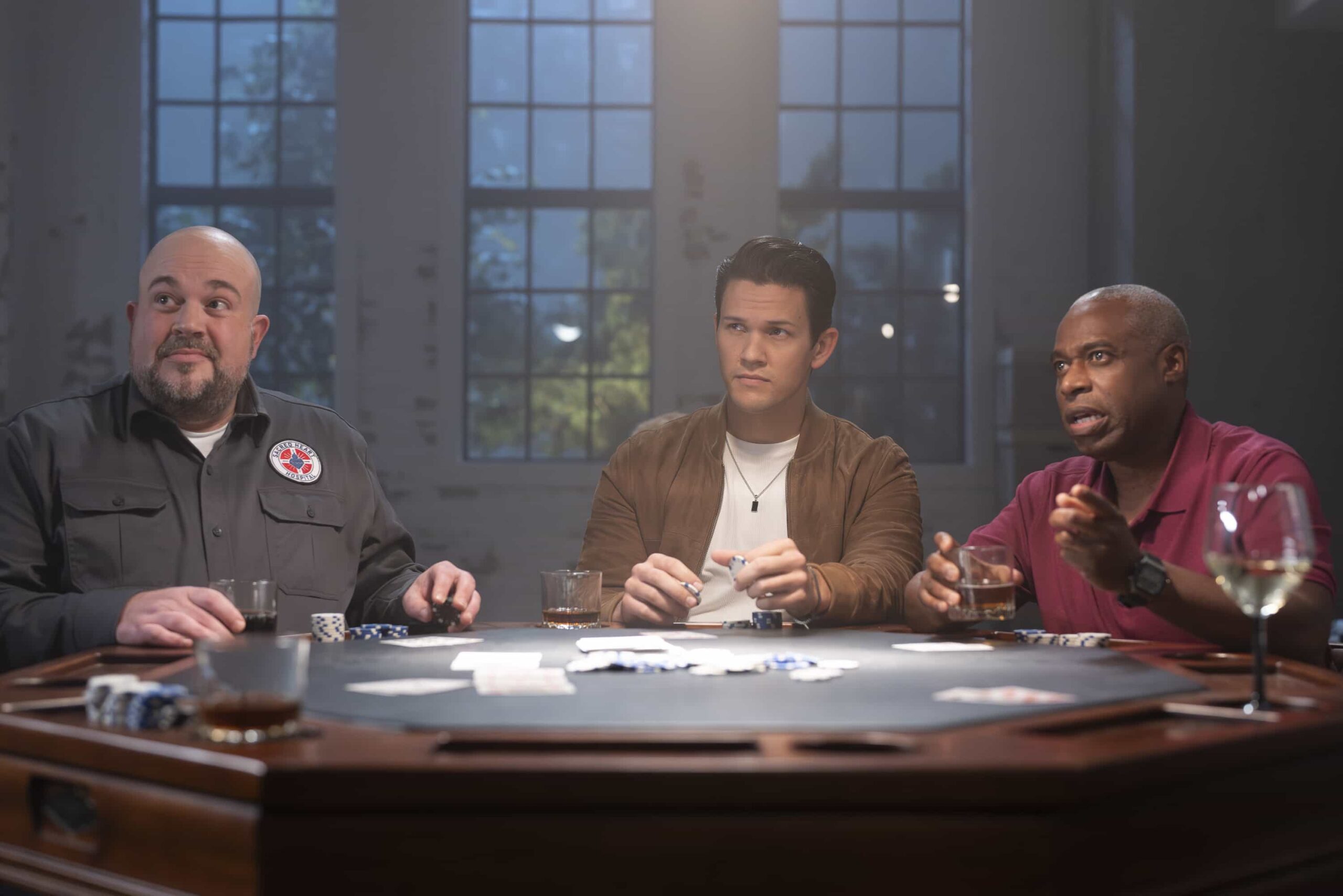 SCRUBS Season 10 Episode 4 Image - “My Poker Face” - To relive their glory days, J.D. plans a poker night with Turk. Elsewhere, competition brews between the medical and surgical interns, while Elliot decides how to handle a social media-obsessed patient. WEDNESDAY, MARCH 11 (8:00-8:30 p.m. EDT) on ABC. (Disney/Darko Sikman) 
DARCY MICHAEL, DAVID GRIDLEY, PHILL LEWIS