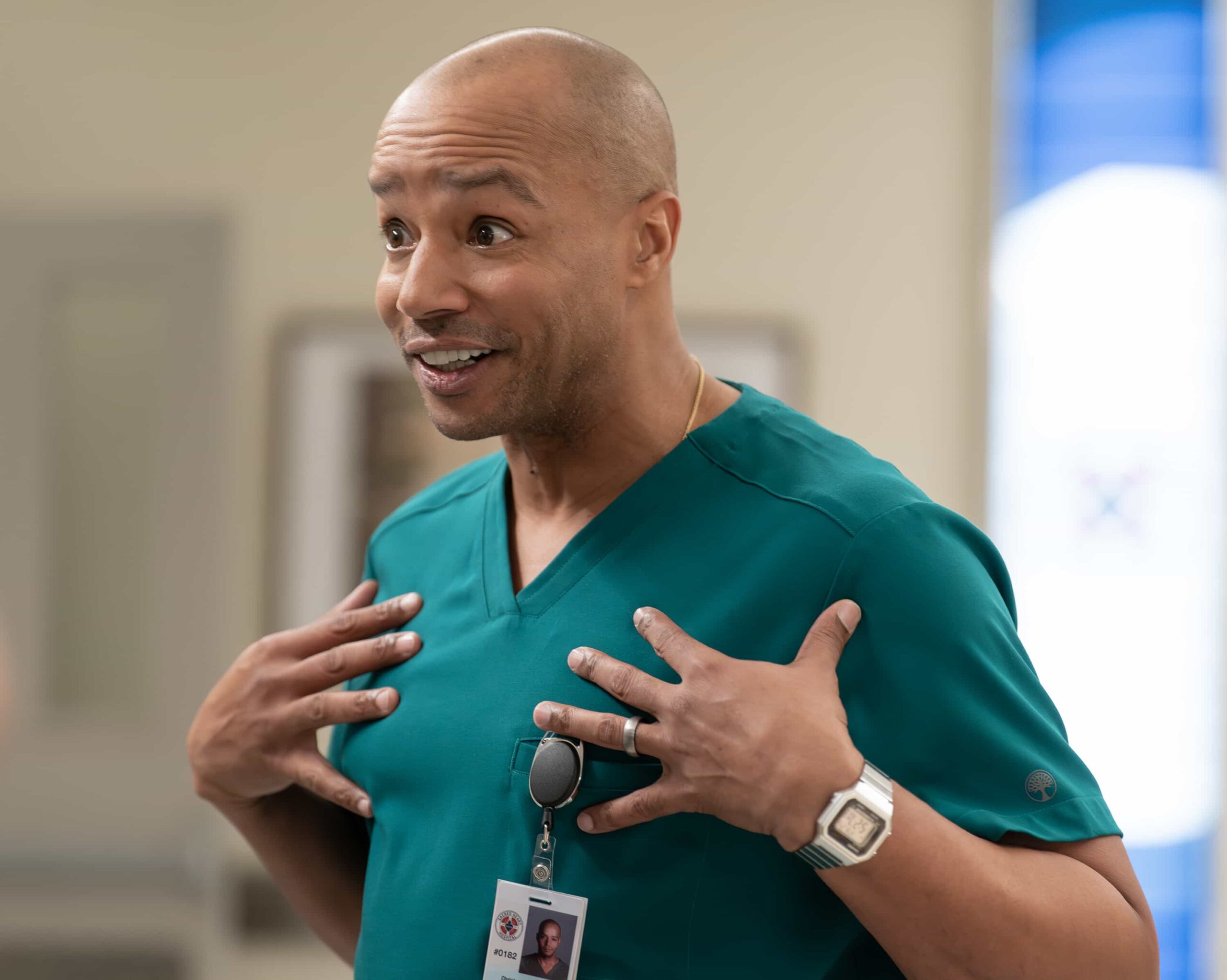 SCRUBS Season 10 Episode 4 - “My Poker Face” - To relive their glory days, J.D. plans a poker night with Turk. Elsewhere, competition brews between the medical and surgical interns, while Elliot decides how to handle a social media-obsessed patient. WEDNESDAY, MARCH 11 (8:00-8:30 p.m. EDT) on ABC. (Disney/Darko Sikman) 
DONALD FAISON