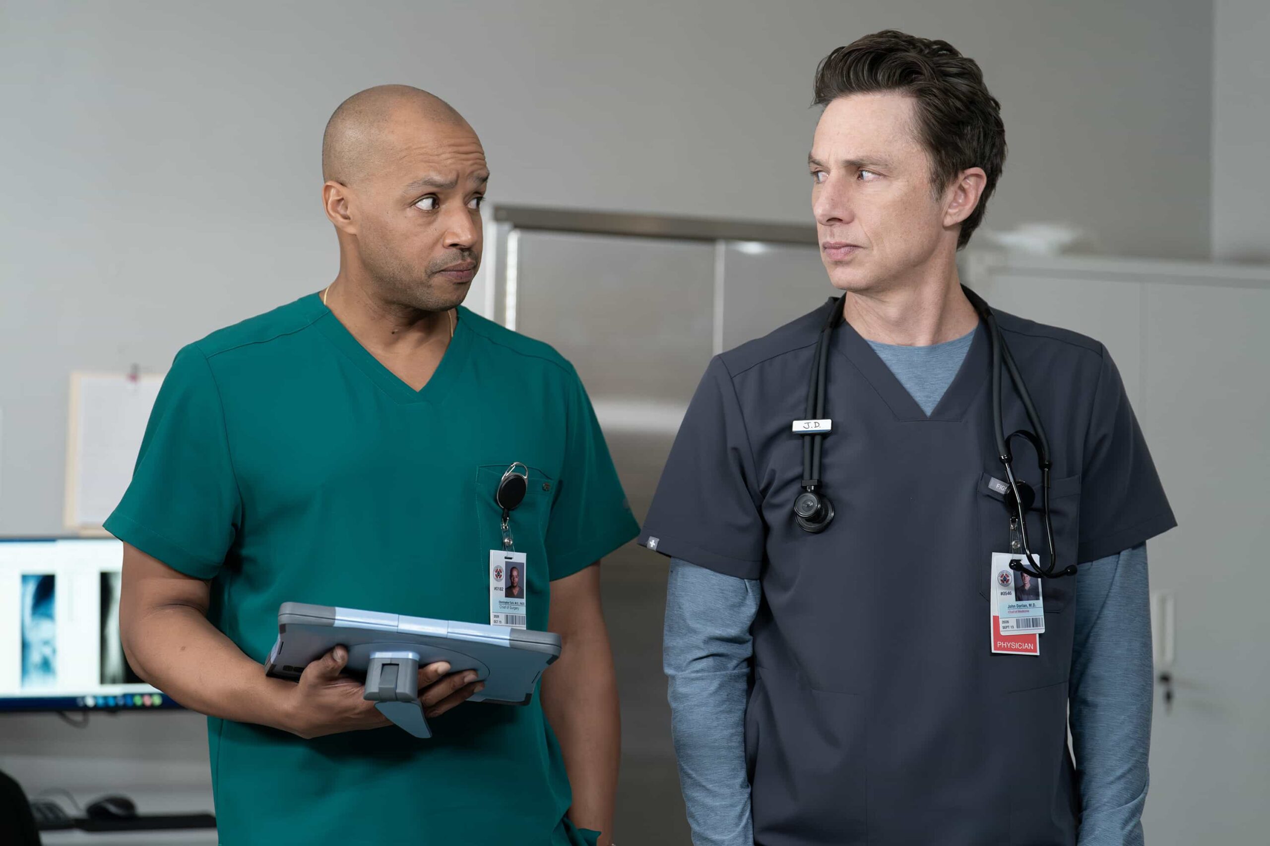 SCRUBS Season 10 Episode 4 - “My Poker Face” - To relive their glory days, J.D. plans a poker night with Turk. Elsewhere, competition brews between the medical and surgical interns, while Elliot decides how to handle a social media-obsessed patient. WEDNESDAY, MARCH 11 (8:00-8:30 p.m. EDT) on ABC. (Disney/Darko Sikman) 
DONALD FAISON, ZACH BRAFF