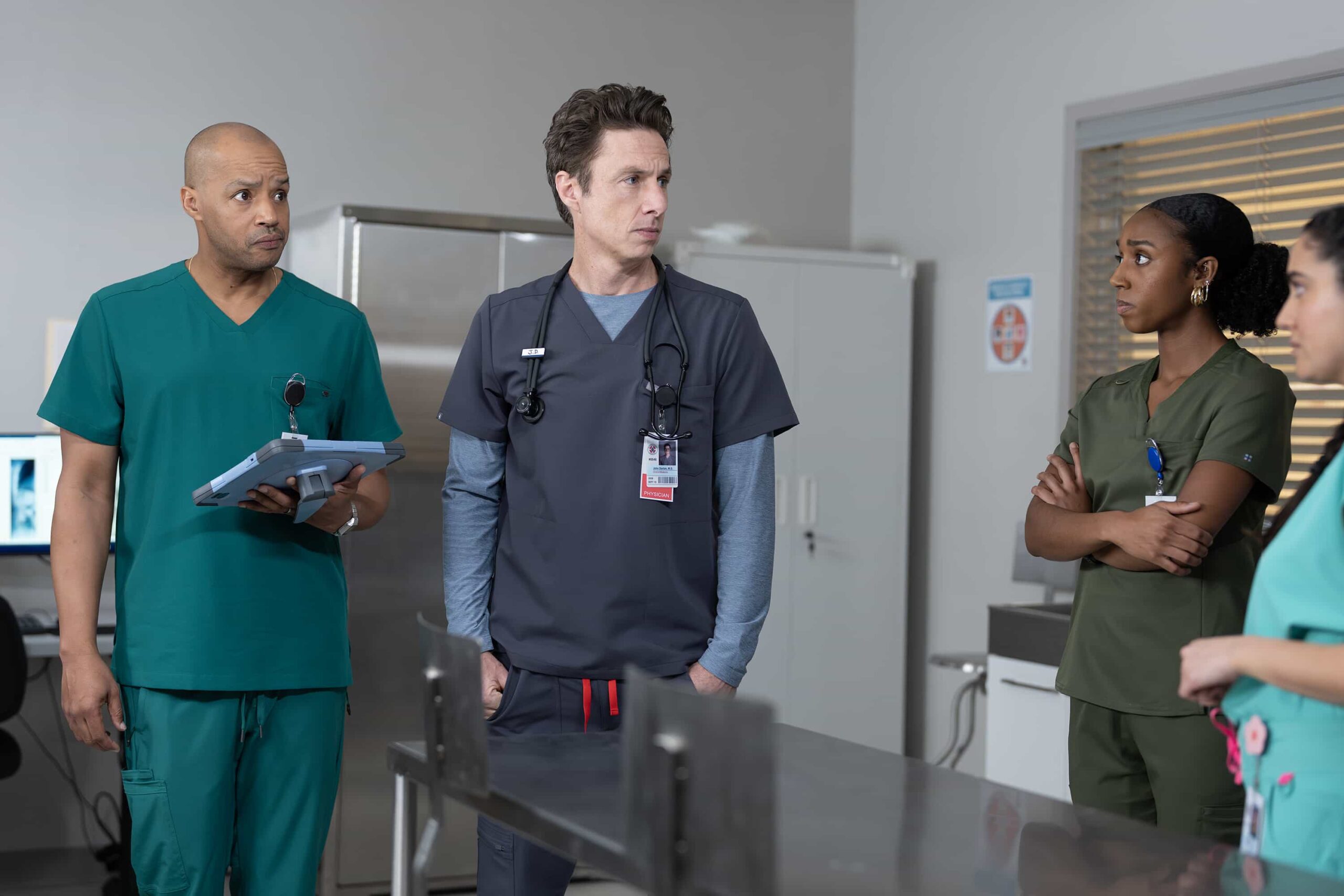 SCRUBS Season 10 Episode 4 - “My Poker Face” - To relive their glory days, J.D. plans a poker night with Turk. Elsewhere, competition brews between the medical and surgical interns, while Elliot decides how to handle a social media-obsessed patient. WEDNESDAY, MARCH 11 (8:00-8:30 p.m. EDT) on ABC. (Disney/Darko Sikman) 
DONALD FAISON, ZACH BRAFF, AMANDA MORROW, LAYLA MOHAMMADI