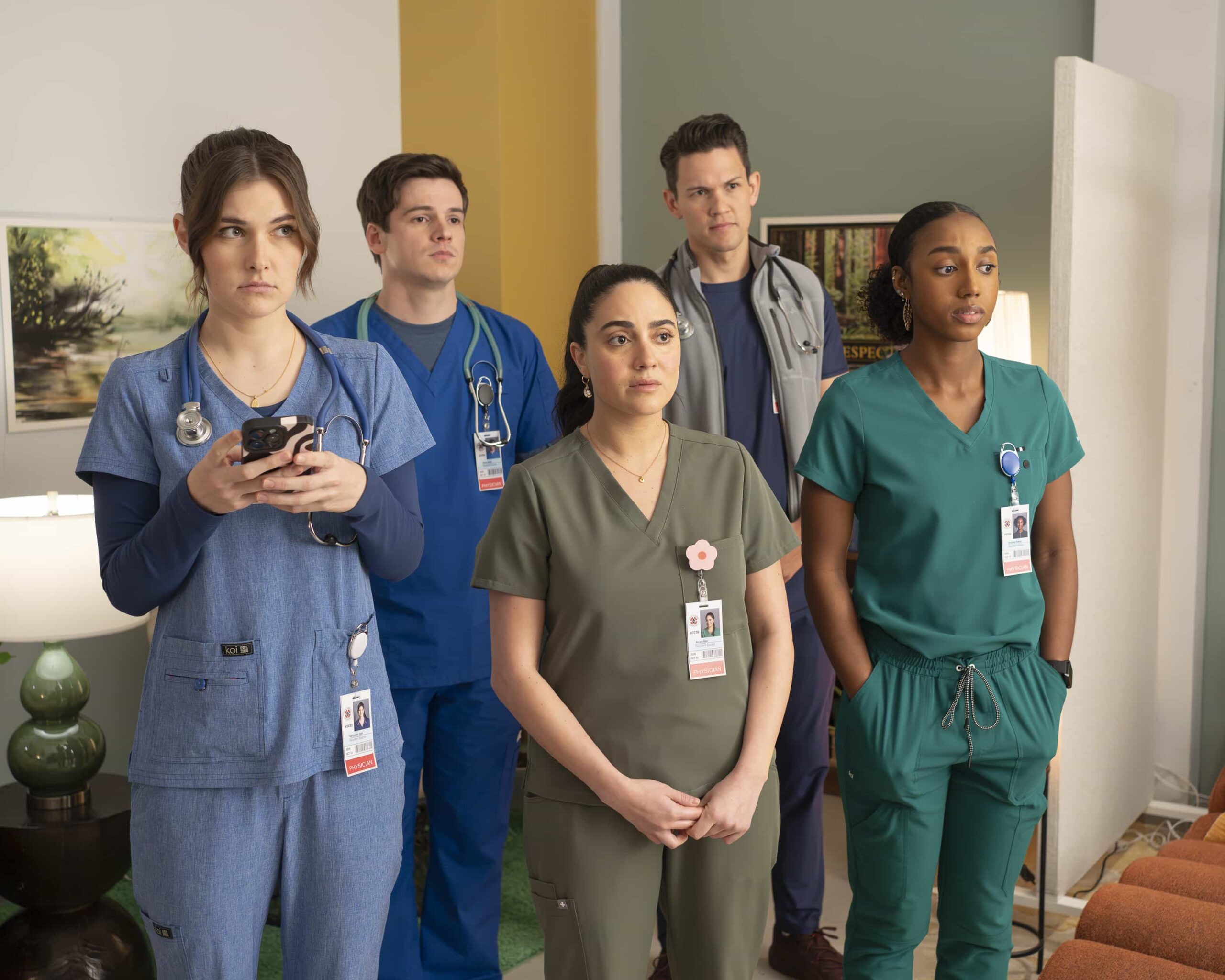 SCRUBS Season 10 Episode 4 - “My Poker Face” - To relive their glory days, J.D. plans a poker night with Turk. Elsewhere, competition brews between the medical and surgical interns, while Elliot decides how to handle a social media-obsessed patient. WEDNESDAY, MARCH 11 (8:00-8:30 p.m. EDT) on ABC. (Disney/Darko Sikman) 
AVA BUNN, JACOB DUDMAN, LAYLA MOHAMMADI, DAVID GRIDLEY, AMANDA MORROW