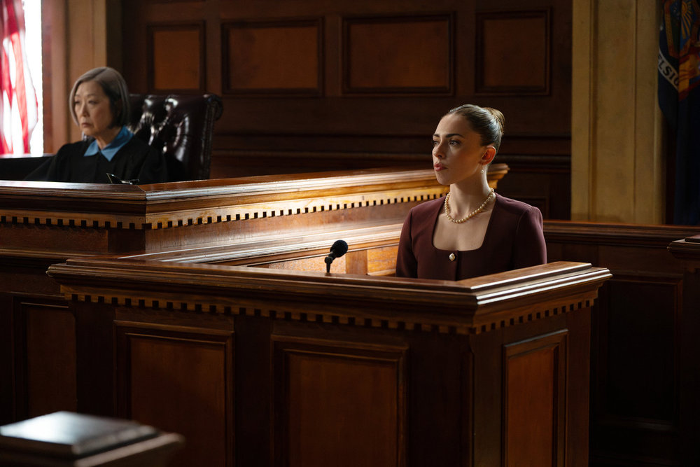 LAW & ORDER -- "Bright Lights" Episode 25015 -- Pictured: (l-r) Sonnie Brown as Judge Patricia Lewis, Isabella Ward as Grace Burke -- (Photo by: Virginia Sherwood/NBC)