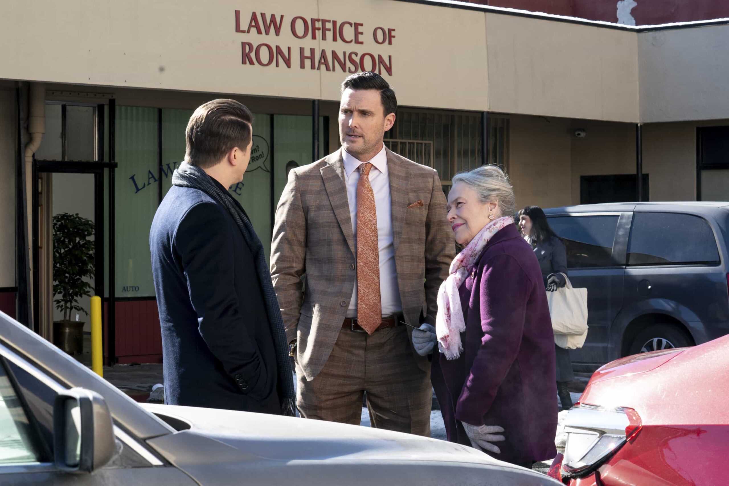 Matlock Season 2 Episode 11 “Tail Lights” – The team works tirelessly to prove a landlord’s culpability after a building collapse leaves multiple people dead and injured. The case takes a shocking turn after someone close to the team is arrested for misconduct involving the jury, on MATLOCK, Thursday, March 12 (9:01-10:00 PM, ET/PT). Pictured (L-R): Owain Yeoman as “Ron Hanson” and Kathy Bates as “Madeline Matlock.” Photo: Bill Inoshita/CBS ©2026 CBS Broadcasting, Inc. All Rights Reserved.