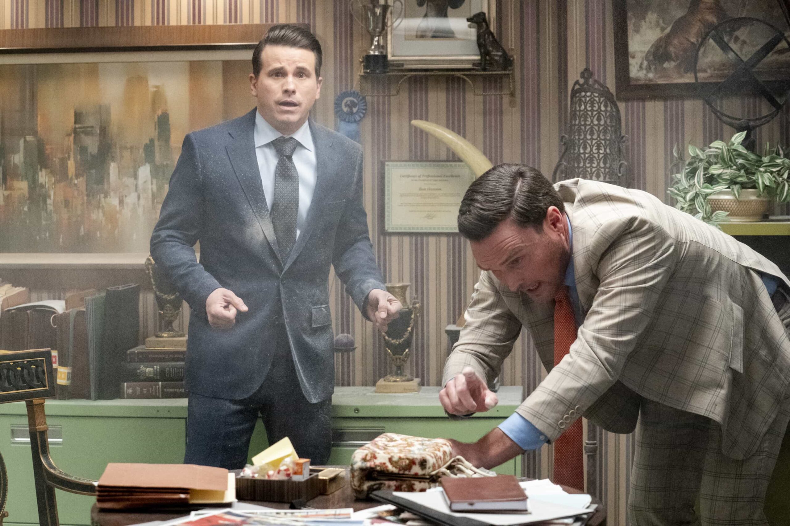 Matlock Season 2 Episode 11 Image “Tail Lights” – The team works tirelessly to prove a landlord’s culpability after a building collapse leaves multiple people dead and injured. The case takes a shocking turn after someone close to the team is arrested for misconduct involving the jury, on MATLOCK, Thursday, March 12 (9:01-10:00 PM, ET/PT). Pictured: Jason Ritter as “Julian Markston” and Owain Yeoman as “Ron Hanson.” Photo: Bill Inoshita/CBS ©2026 CBS Broadcasting, Inc. All Rights Reserved.