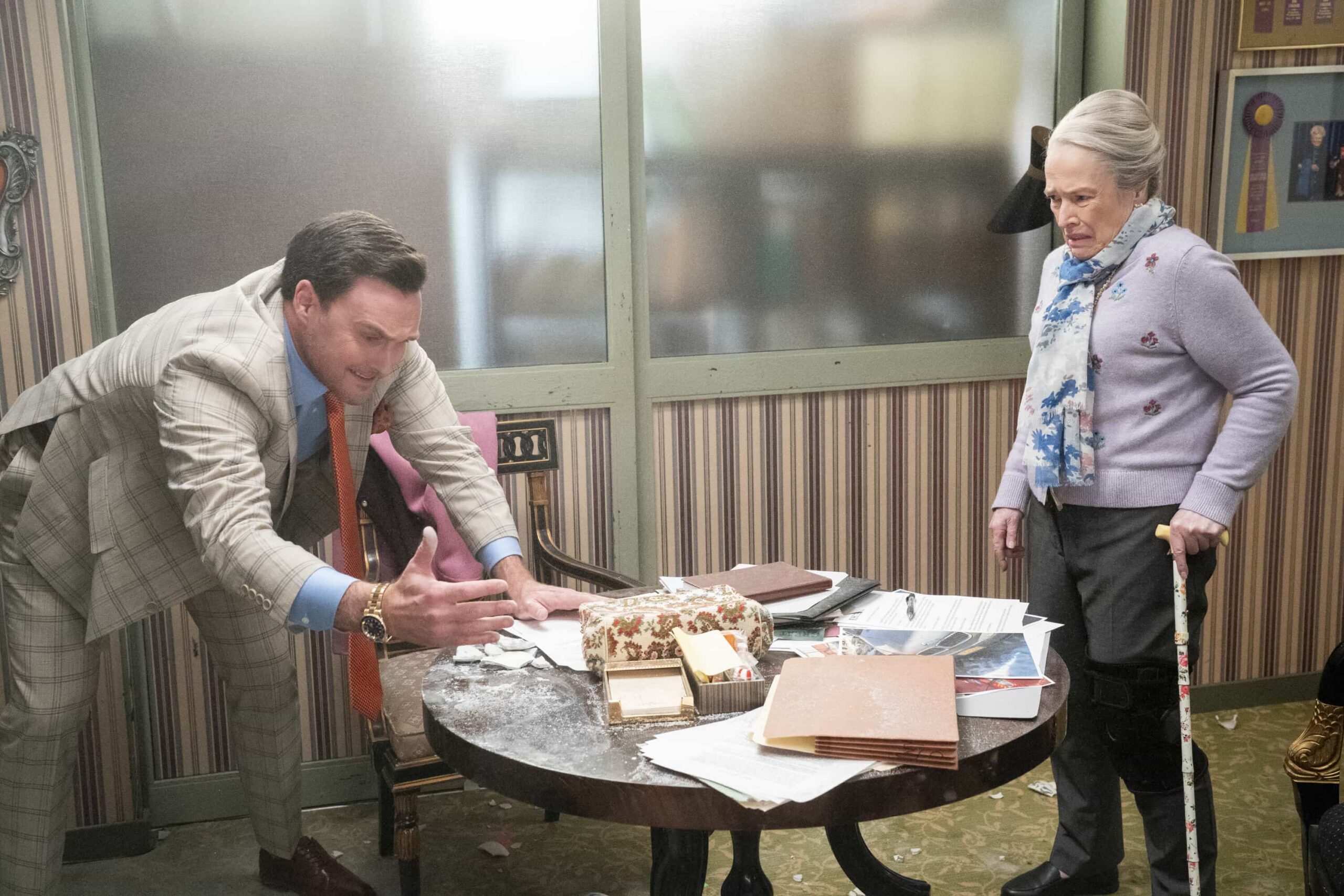 Matlock Season 2 Episode 11 Picture “Tail Lights” – The team works tirelessly to prove a landlord’s culpability after a building collapse leaves multiple people dead and injured. The case takes a shocking turn after someone close to the team is arrested for misconduct involving the jury, on MATLOCK, Thursday, March 12 (9:01-10:00 PM, ET/PT). Pictured (L-R): Owain Yeoman as “Ron Hanson” and Kathy Bates as “Madeline Matlock.” Photo: Bill Inoshita/CBS ©2026 CBS Broadcasting, Inc. All Rights Reserved.