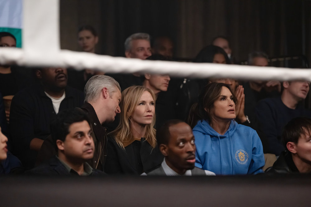 LAW & ORDER SVU Season 27 Episode 15 -- "Thirsty" Episode 27015 -- Pictured: (l-r) Peter Scanavino as A.D.A Dominick "Sonny" Carisi Jr, Kelli Giddish as Sgt. Amanda Rollins, Mariska Hargitay as Capt. Olivia Benson -- (Photo by: Virginia Sherwood/NBC)
