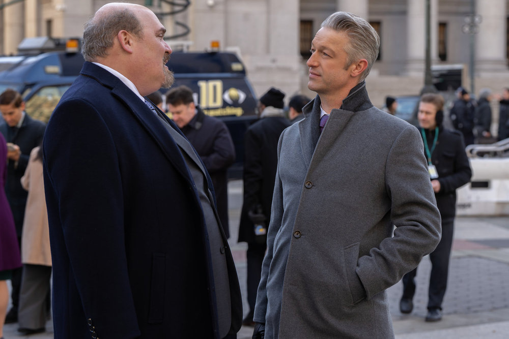 LAW & ORDER SVU Season 27 Episode 15 -- "Thirsty" Episode 27015 -- Pictured: (l-r) Glenn Fleshler as Atty. Olin, Peter Scanavino as A.D.A Dominick "Sonny" Carisi Jr. -- (Photo by: Virginia Sherwood/NBC)