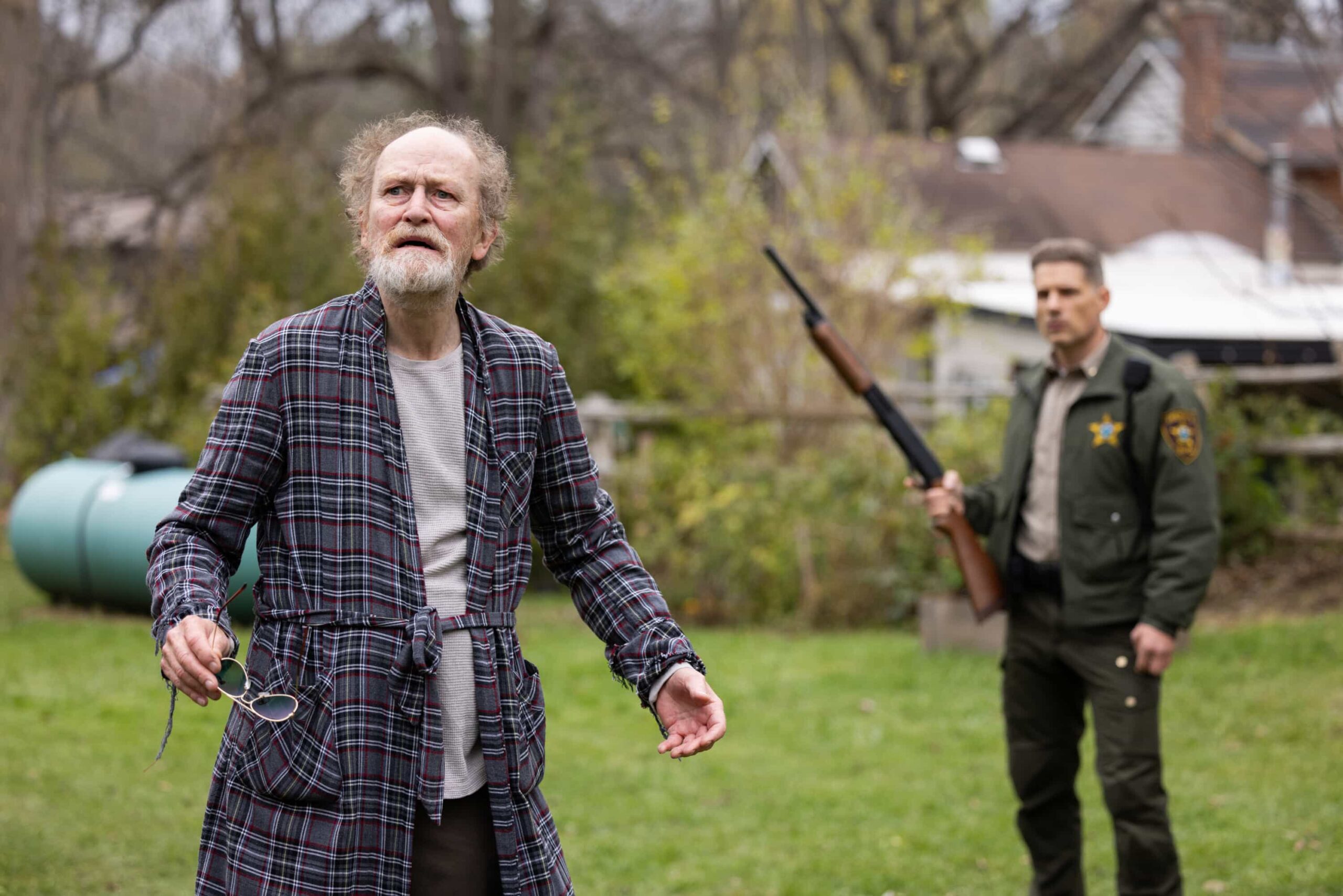 "Plus One" -- Coverage of the CBS Original Series SHERIFF COUNTRY, scheduled to air on the CBS Television Network.  Pictured: Bruce Hunter as Lewis Kifner and Matt Lauria as Boone. Photo: Darren Goldstein/CBS ©2025 CBS Broadcasting, Inc. All Rights Reserved.