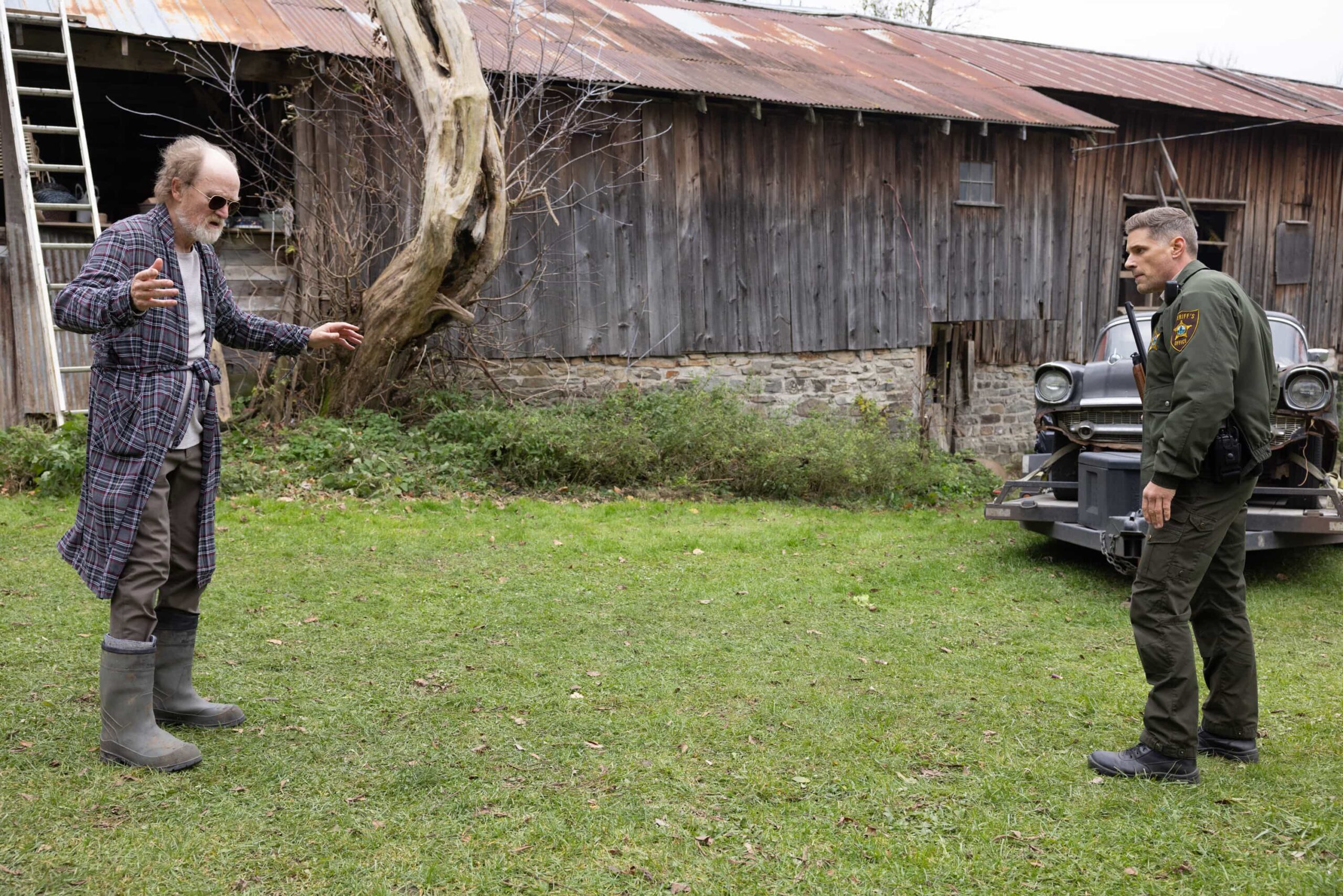 "Plus One" -- Coverage of the CBS Original Series SHERIFF COUNTRY, scheduled to air on the CBS Television Network.  Pictured: Bruce Hunter as Lewis Kifner and Matt Lauria as Boone. Photo: Darren Goldstein/CBS ©2025 CBS Broadcasting, Inc. All Rights Reserved.