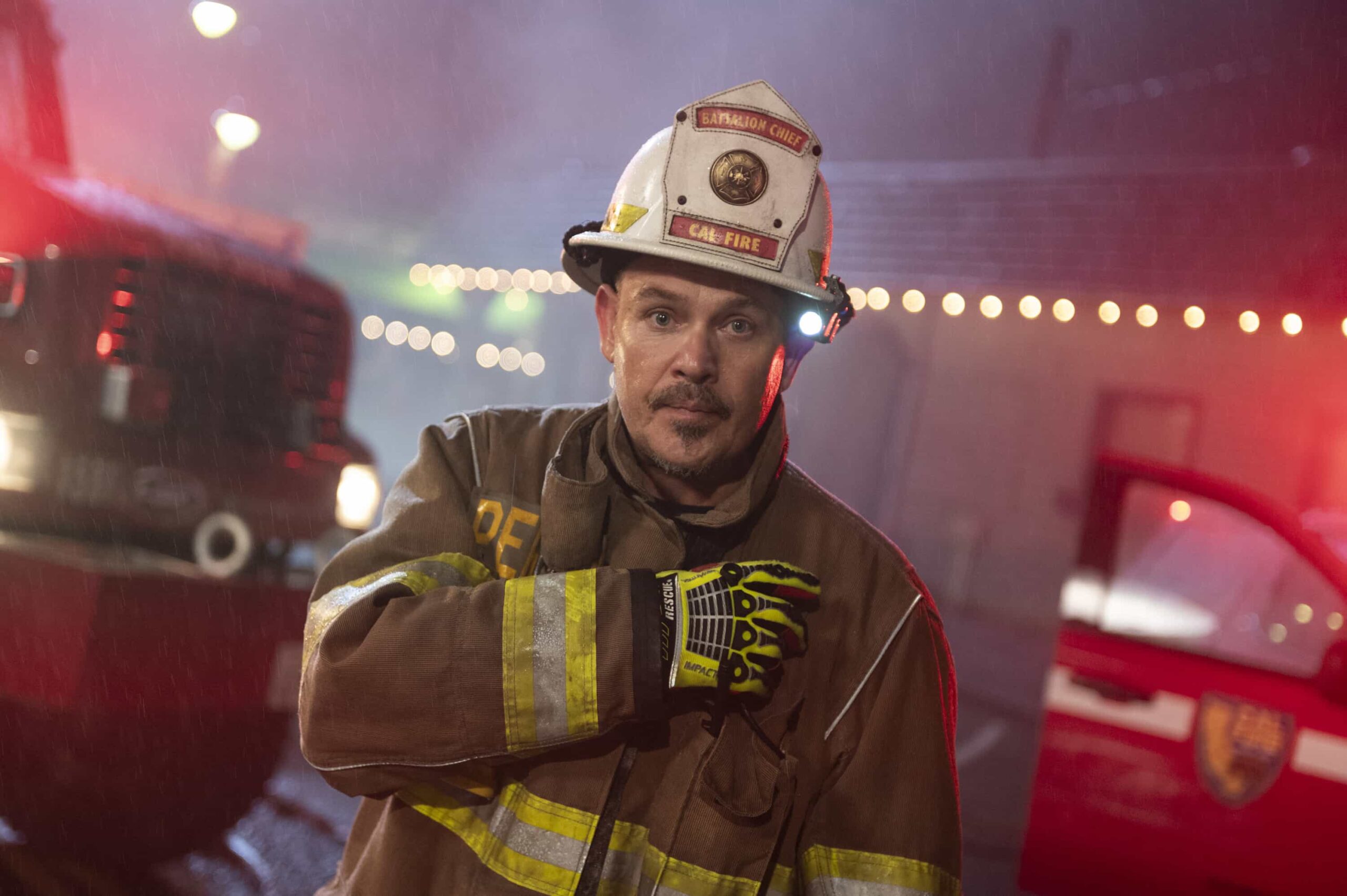 Fire Country Season 4 Episode 12 Image “Life of a Firefighter” – As station 42 battles through a relentless shift, the unexpected return of Battalion Chief Brett Richards (Shawn Hatosy) throws the crew off balance and forces Manny to confront his growing self-doubt, on FIRE COUNTRY, Friday, March 13 (9:00-10:00 PM, ET/PT).  Pictured: Kevin Alejandro as Manny Perez. Photo: Sergei Bachlakov/CBS ©2025 CBS Broadcasting, Inc. All Rights Reserved.