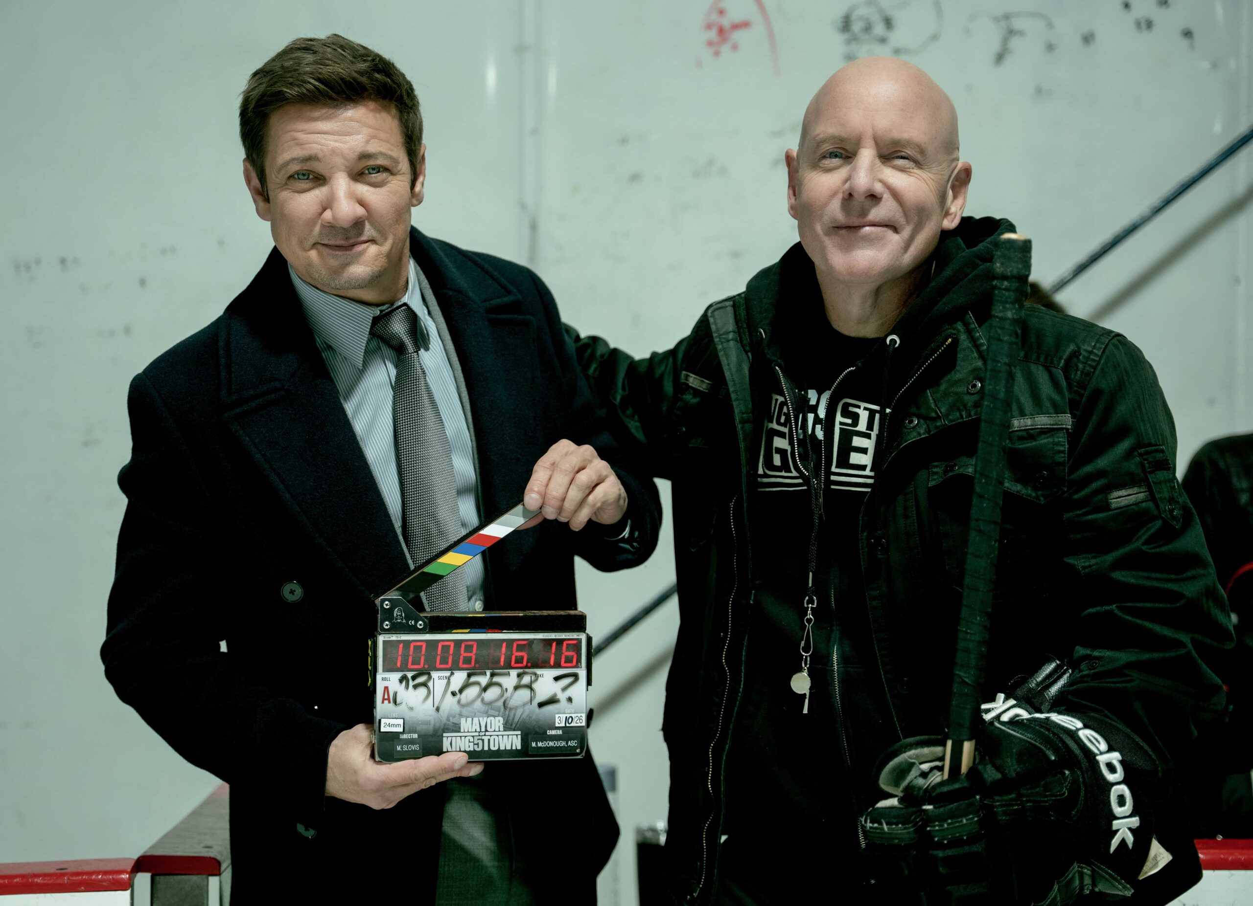 BTS of Jeremy Renner as Mike McClusky and Hugh Dillon as Ian Ferguson in Mayor of Kingstown episode 1, season 5, streaming on Paramount+, 2026. Credit: Jeremy Parsons/Paramount+