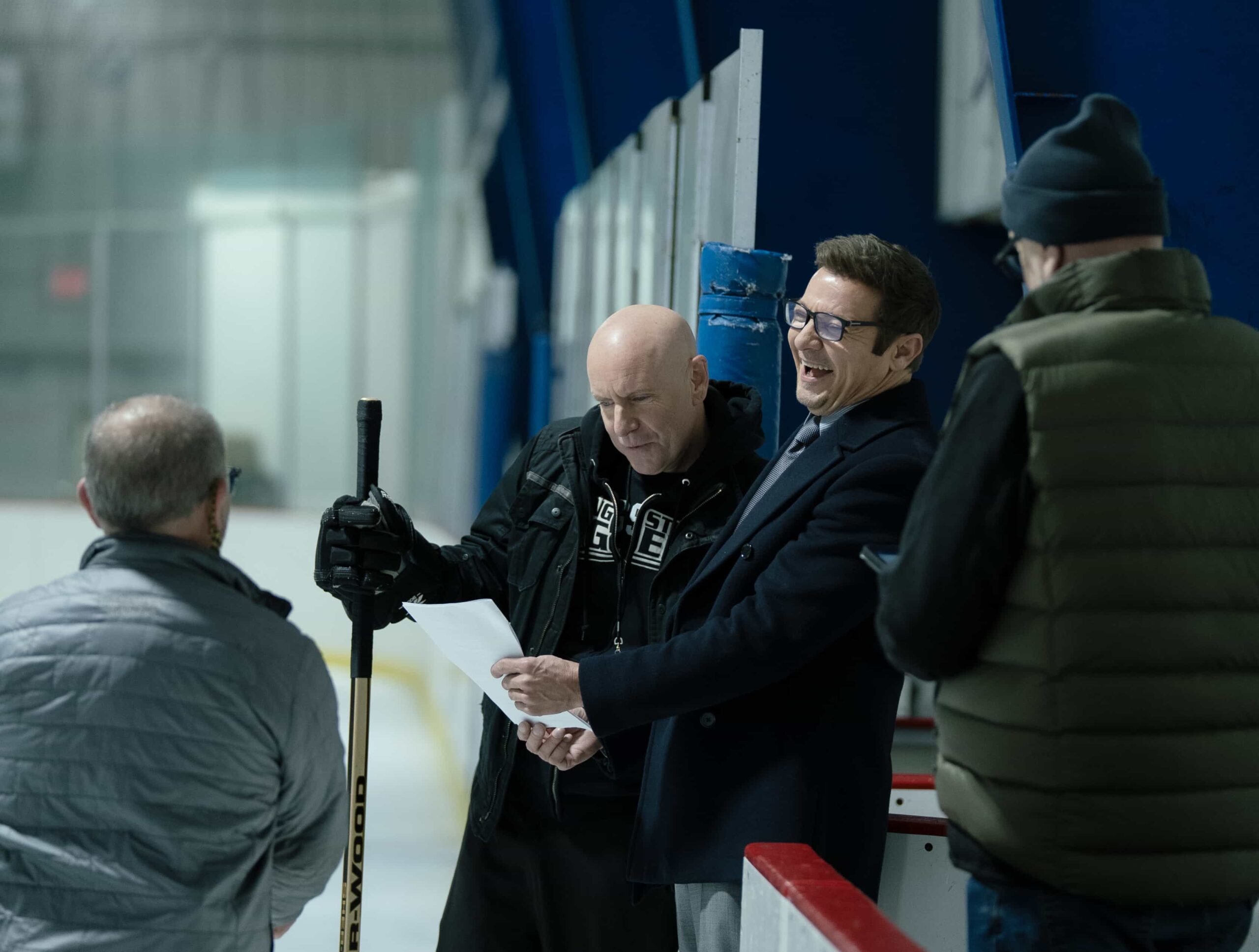 BTS of Hugh Dillon as Ian Ferguson and Jeremy Renner as Mike McClusky on the set of Mayor of Kingstown episode 1, season 5, streaming on Paramount+, 2026. Credit: Jeremy Parsons/Paramount+