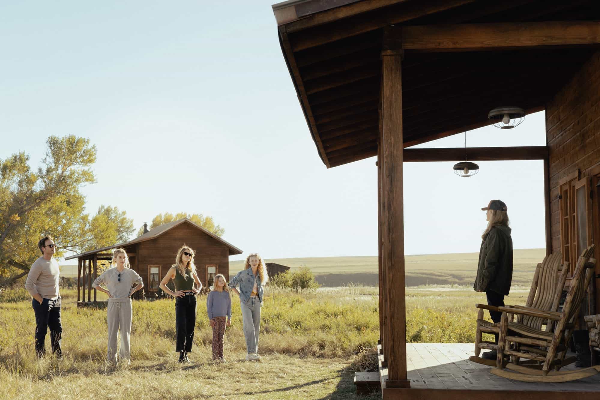 L-R: Patrick J. Adams as Russell McIntosh, Elle Chapman as Paige McIntosh, Beau Garrett as Abigail Reese, Alaina Pollack as Macy Reese, Amiah Miller as Brigitte Reese, and Michelle Pfeiffer as Stacy Clyburn in episode 1, season 1 of the Paramount+ series The Madison. Photo Credit: Emerson Miller/Paramount+
