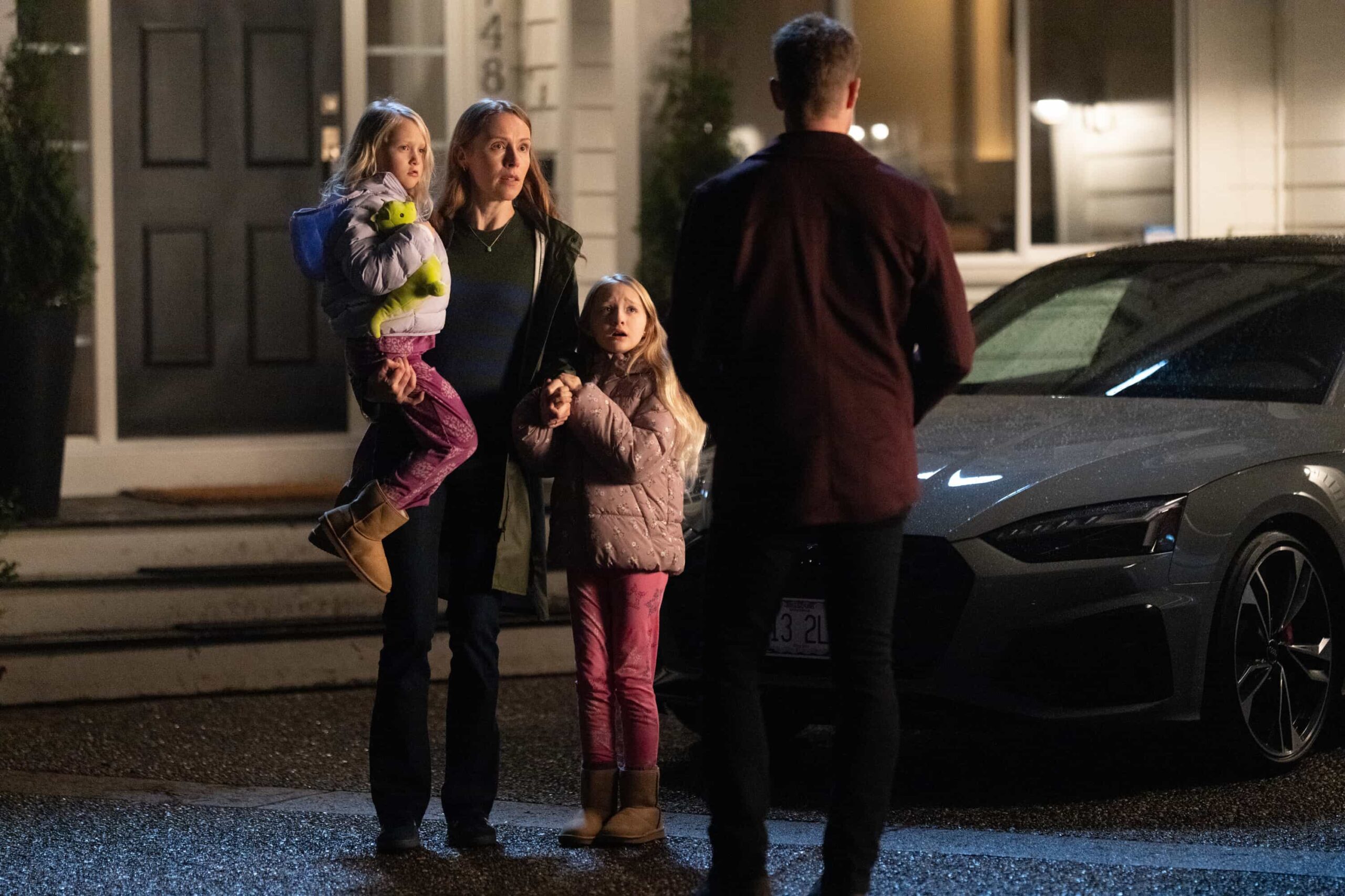 “Do No Harm” – When a doctor vanishes after her shift, Colter uncovers a trail of stolen drugs and disguises revealing a calculated revenge plot, on TRACKER  Pictured: Lilly Moloney as Victor’s Younger Daughter, Julie Lynn Mortensen as Andrea and Isla Brown as Victor’s Older Daughter. Photo: Darko Sikman/CBS ©2025 CBS Broadcasting, Inc. All Rights Reserved.