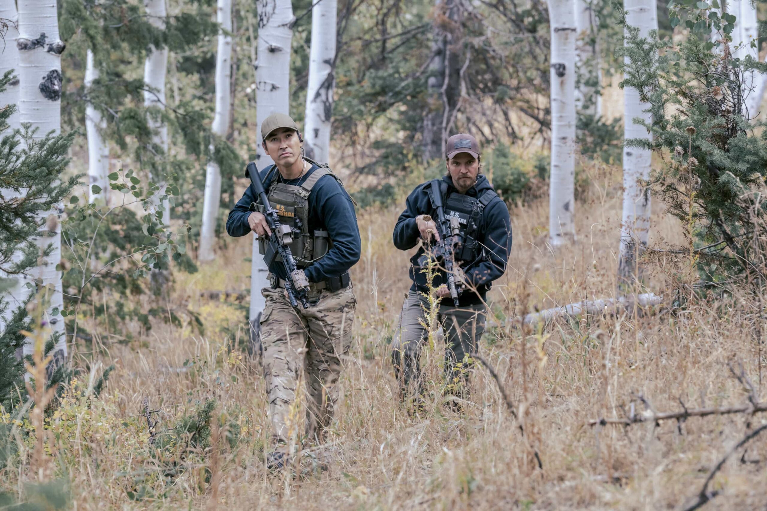 Marshals Season 1 Episode 3 Promo “Road to Nowhere” – When a standoff between Broken Rock and local ranchers over a mine groundbreaking turns violent, the Marshals launch a manhunt to find the shooters, on MARSHALS, Sunday, March 15 (8:00-9:00 PM, ET/PT).  Pictured (L-R): Tatanka Means as Miles and Luke Grimes as Kayce Dutton. Photo: Cam McLeod/CBS ©2025 CBS Broadcasting, Inc. All Rights Reserved.