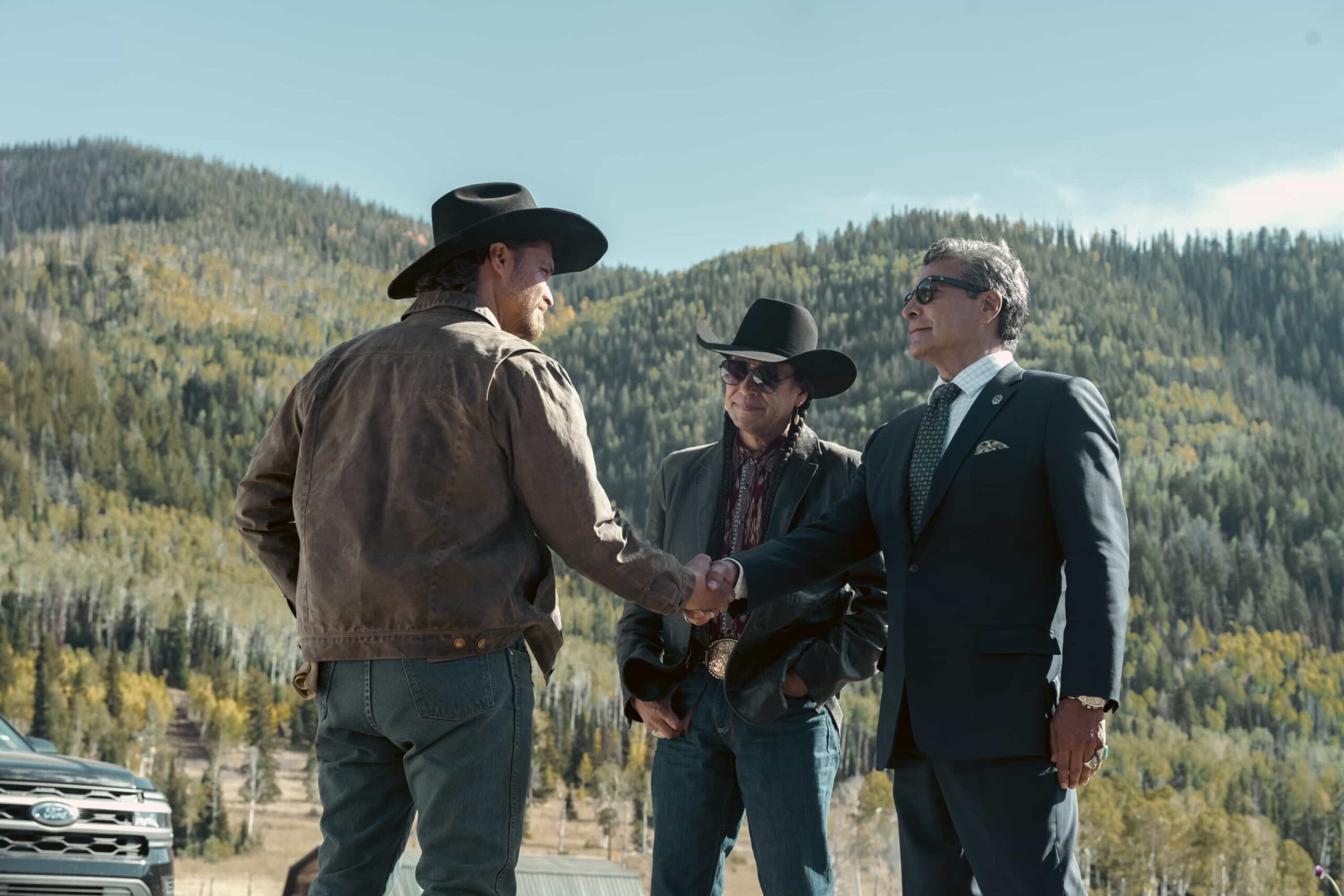 “Road to Nowhere” – When a standoff between Broken Rock and local ranchers over a mine groundbreaking turns violent, the Marshals launch a manhunt to find the shooters, on MARSHALS, Sunday, March 15 (8:00-9:00 PM, ET/PT). Pictured (L-R): Luke Grimes as Kayce Dutton, Mo Brings Plenty, and Gil Birmingham as Thomas Rainwater. Photo: Christopher Saunders/CBS ©2025 CBS Broadcasting, Inc. All Rights Reserved.