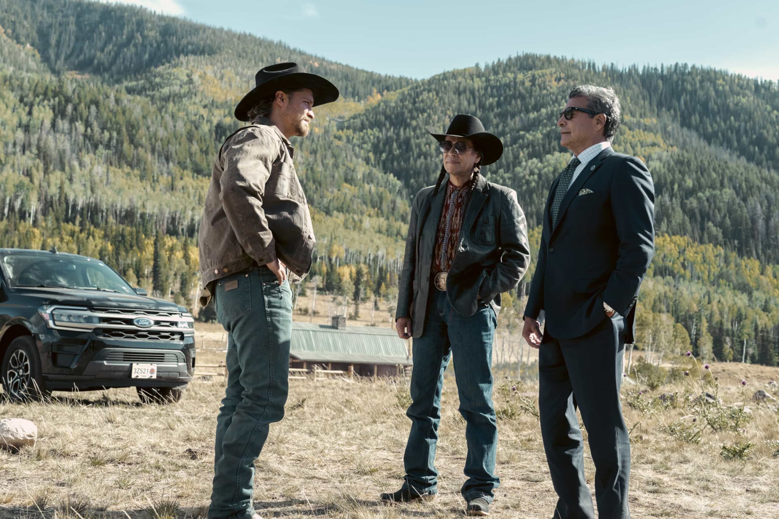 “Road to Nowhere” – When a standoff between Broken Rock and local ranchers over a mine groundbreaking turns violent, the Marshals launch a manhunt to find the shooters, on MARSHALS, Sunday, March 15 (8:00-9:00 PM, ET/PT). Pictured (L-R): Luke Grimes as Kayce Dutton, Mo Brings Plenty, and Gil Birmingham as Thomas Rainwater. Photo: Christopher Saunders/CBS ©2025 CBS Broadcasting, Inc. All Rights Reserved.