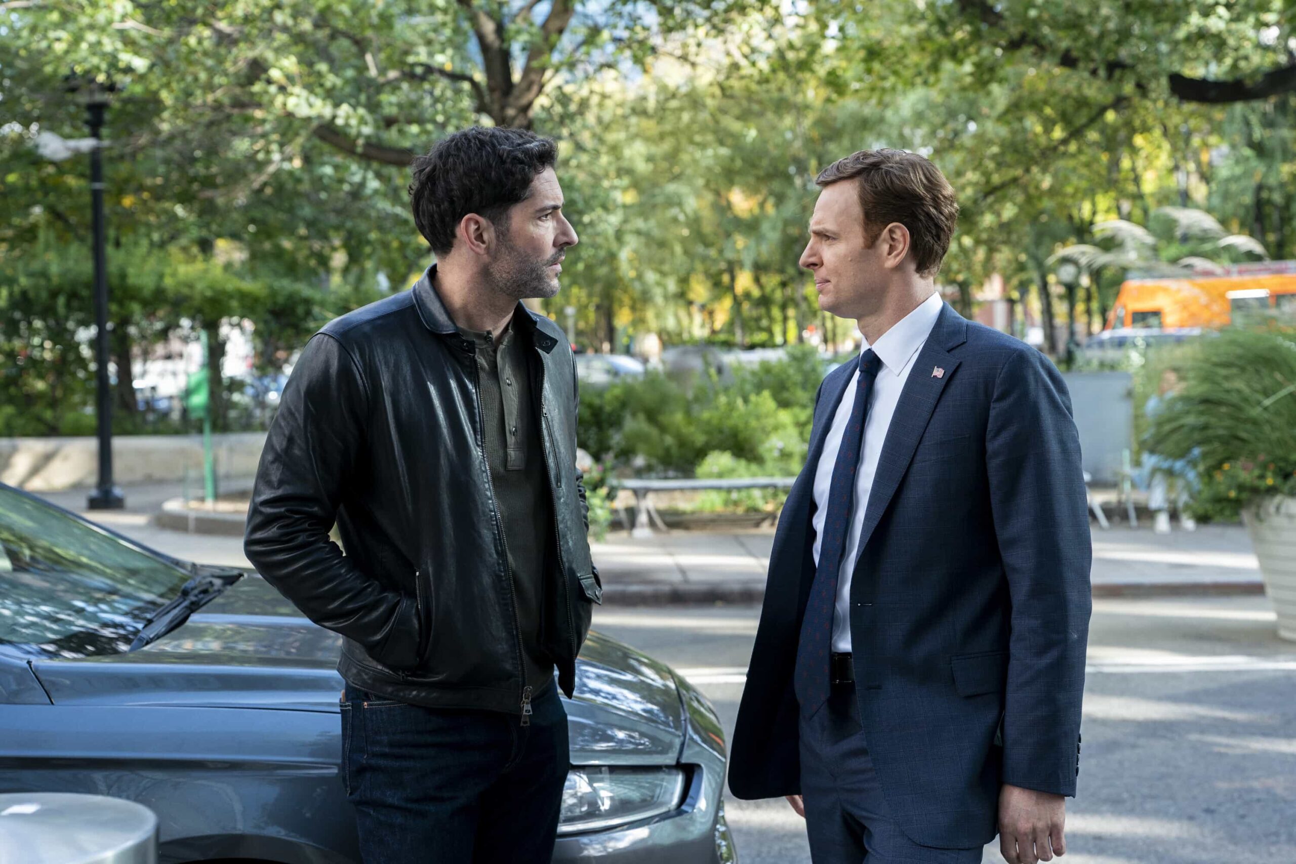 CIA Season 1 Episode 4 “Forced Labor” – When a wanted Belarusian national is discovered posing as an expecting father, Colin and Bill work to expose an international illegal baby smuggling ring. Meanwhile, Bill worries about his father’s health back home, on CIA, Monday, March 16 (10:00-11:00 PM, ET/PT).  Pictured (L-R): Tom Ellis as CIA Case Officer Colin Glass and Nick Gehlfuss as Special Agent Bill Goodman. Photo: Spencer Pazer/CBS ©2025 CBS Broadcasting, Inc. All Rights Reserved.