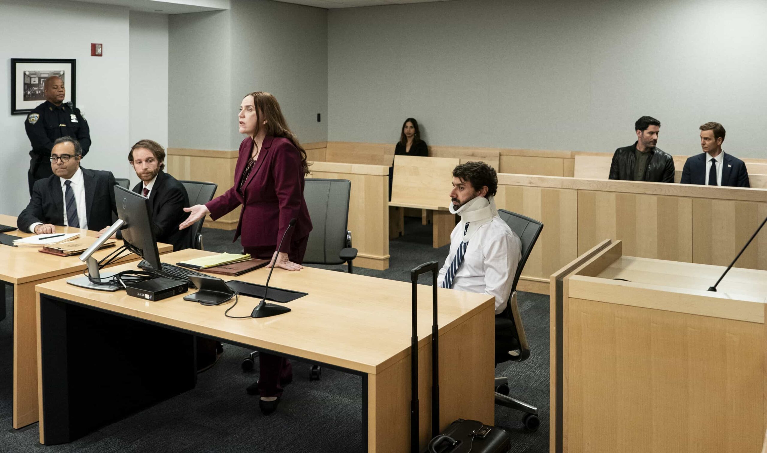 “Forced Labor” – When a wanted Belarusian national is discovered posing as an expecting father, Colin and Bill work to expose an international illegal baby smuggling ring. Meanwhile, Bill worries about his father’s health back home, on CIA, Monday, March 16 (10:00-11:00 PM, ET/PT).  Pictured: Donna Lynne Champlin as Elizabeth Johnson, Tom Ellis as CIA Case Officer Colin Glass, and Nick Gehlfuss as Special Agent Bill Goodman. Photo: Spencer Pazer/CBS ©2025 CBS Broadcasting, Inc. All Rights Reserved.