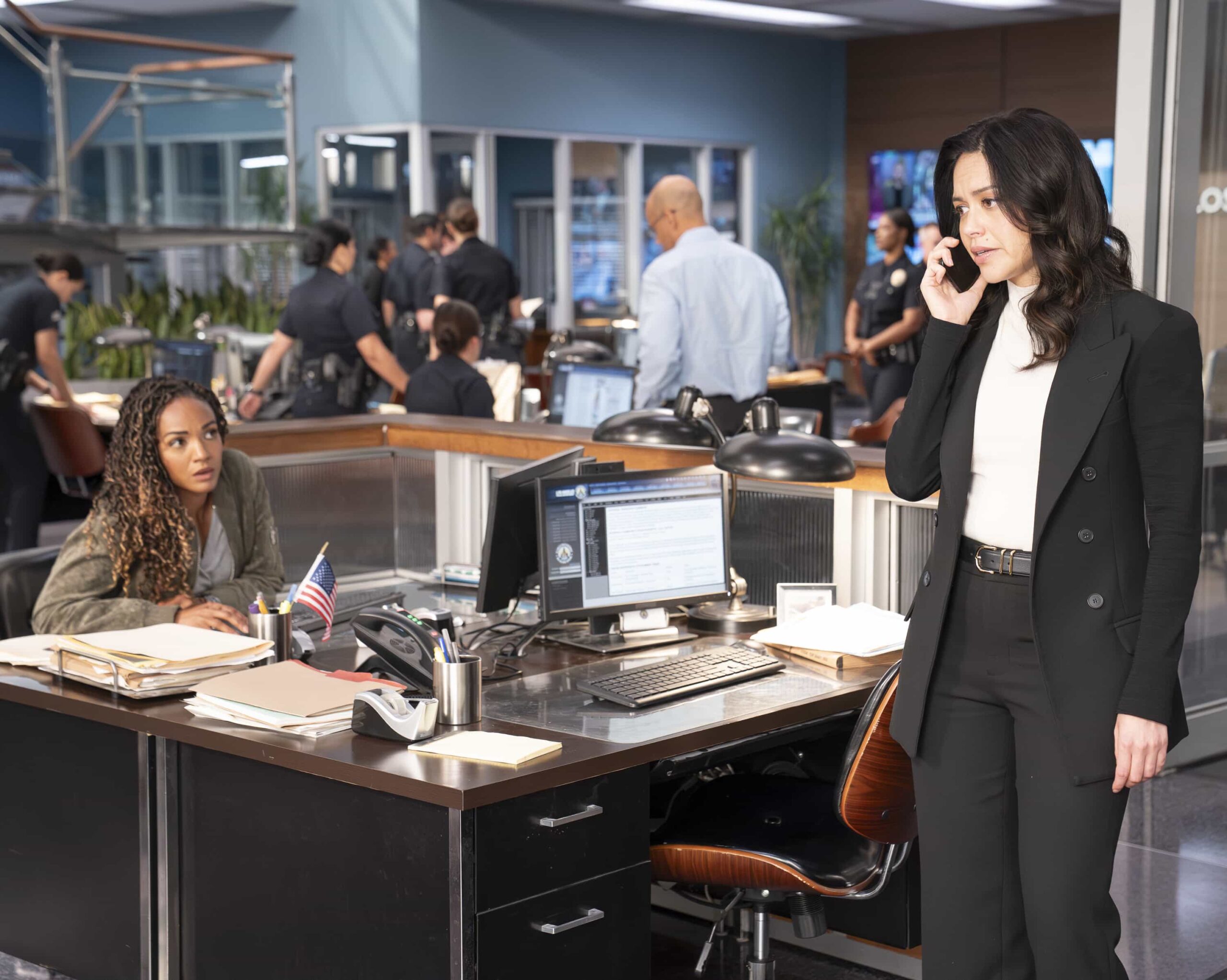 THE ROOKIE Season 8 Episode 11 - “Aftermath” - Lucy returns to work in the aftermath of the attack. Meanwhile, an unexpected twist hinders the Liam Glasser case, and a familiar face helps the team track down a killer. MONDAY, MARCH 16 (10:00-11:00 p.m. EDT) on ABC. (Disney/Mike Taing) 
MEKIA COX, ALYSSA DIAZ
