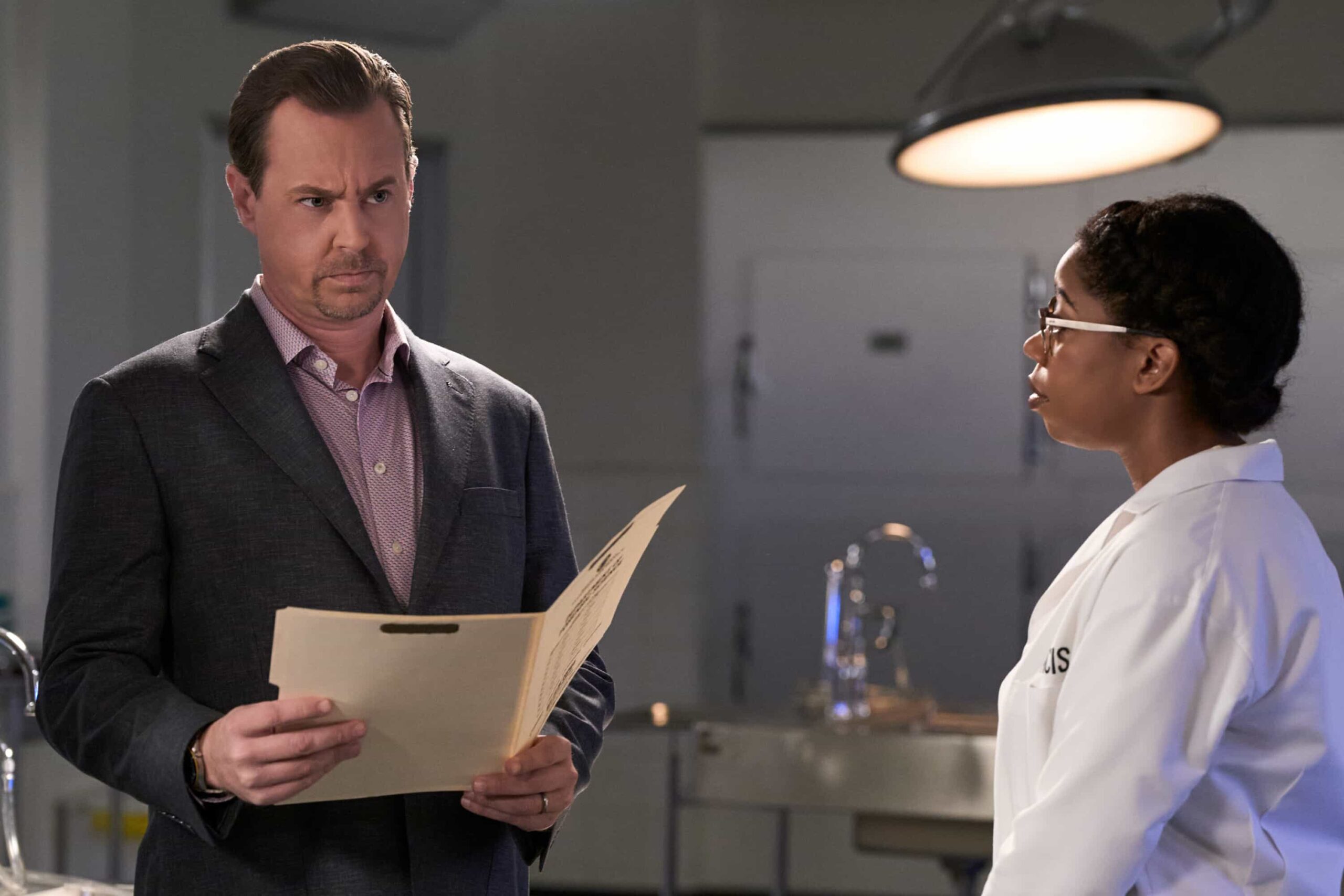 NCIS Season 23 Episode 12 --"In Too Deep"-     Pictured (L-R): Sean Murray as Special Agent Timothy McGee and Diona Reasonover as Kasie Hines   Photo credit: Michael Yarish/2025 CBS Entertainment Inc. All Rights Reserved.