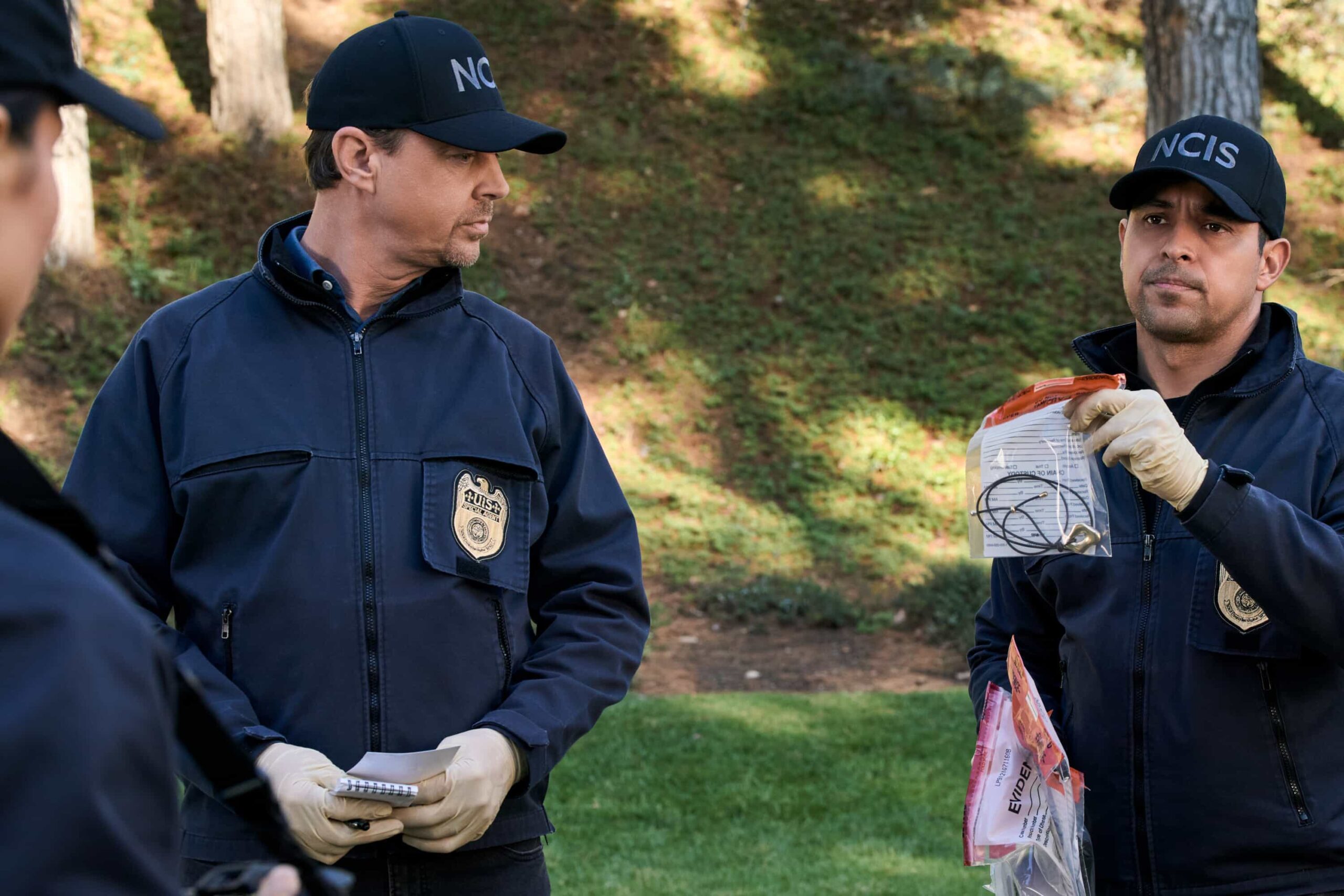 NCIS Season 23 --"In Too Deep"-     Pictured (L-R):Katrina Law as Special Agent Jessica Knight, Sean Murray as Special Agent Timothy McGee and Wilmer Valderrama as NCIS Special Agent Nicholas “Nick” Torres   Photo credit: Michael Yarish/2025 CBS Entertainment Inc. All Rights Reserved.