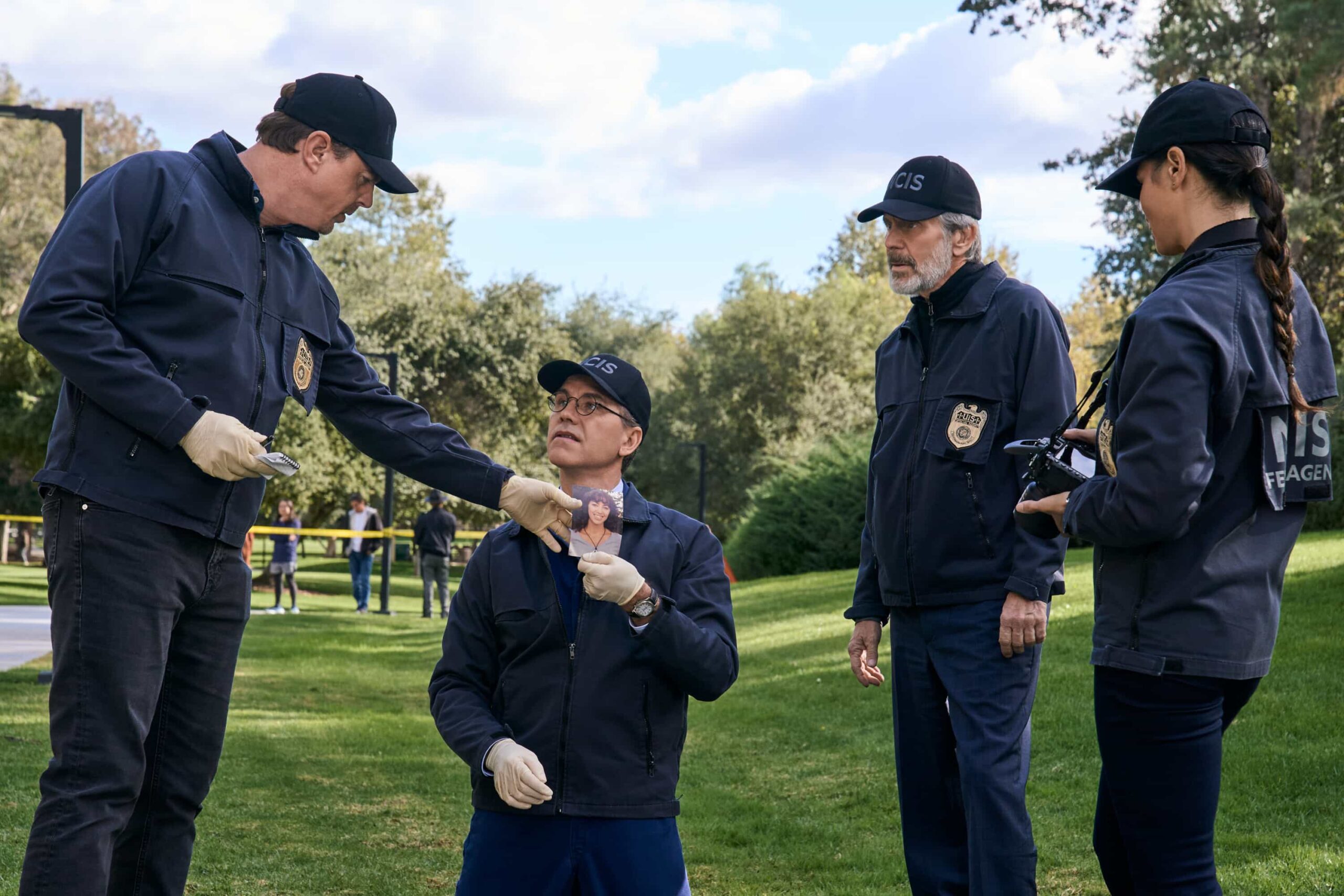 NCIS Season 23 --"In Too Deep"-     Pictured (L-R): Sean Murray as Special Agent Timothy McGee,  Brian Dietzen as Jimmy Palmer, Gary Cole as Special Agent Alden Parker, and  Katrina Law as Special Agent Jessica Knight   Photo credit: Michael Yarish/2025 CBS Entertainment Inc. All Rights Reserved.
