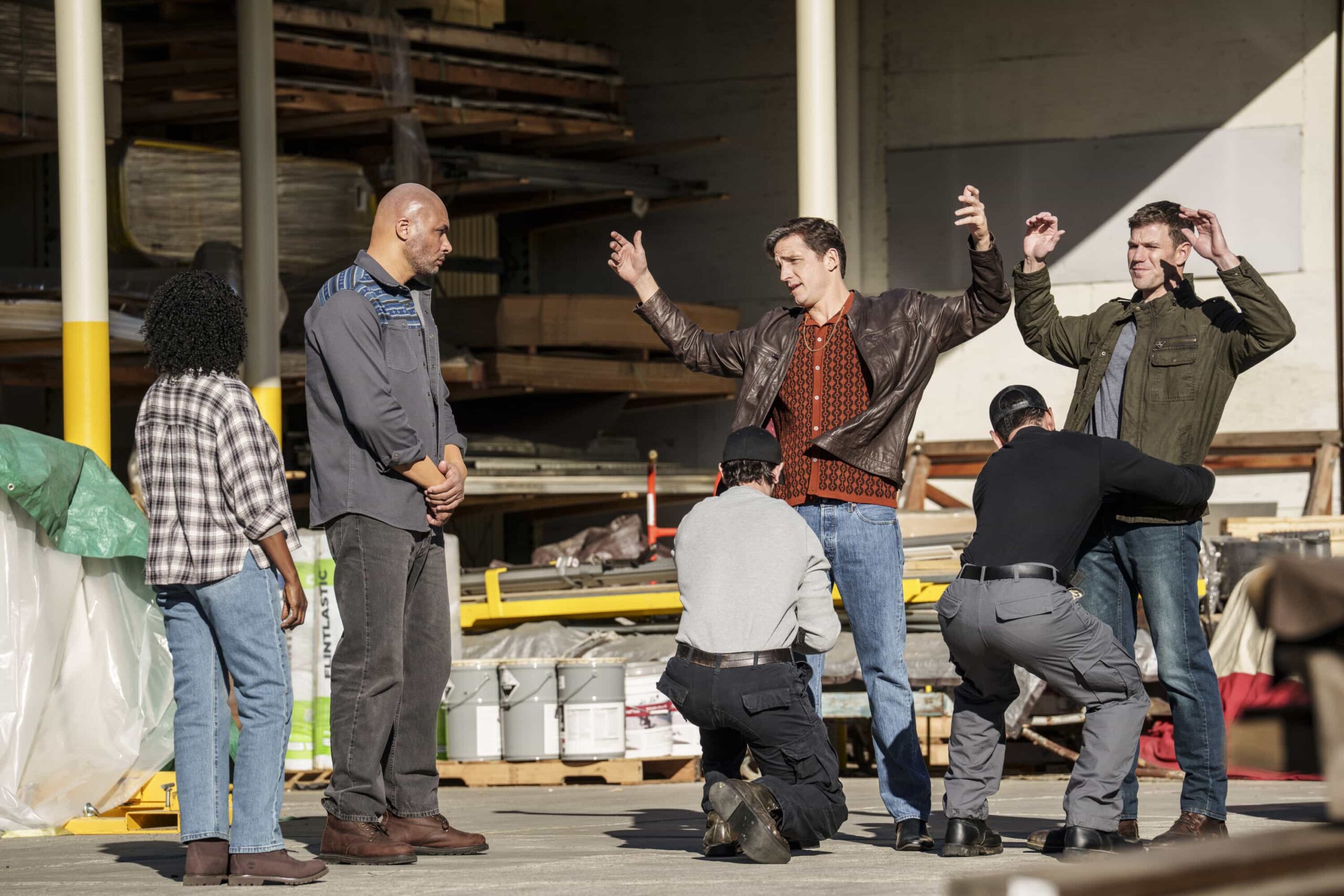 NCIS Origins Season 2 Episode 11 Photo "Feelin Alright?" -- Coverage of the CBS Original Series NCIS: ORIGINS, scheduled to air Tuesday, March 17 (9:00-10:00 PM, ET/PT).   Pictured L to R: Juju Alexander as Lev Turrow, Shea Buckner as NIS Special Agent Dwayne Pride, and Austin Stowell as Leroy Jethro Gibbs.   Photo: Greg Gayne/CBS ©2025 CBS Broadcasting, Inc. All Rights Reserved.