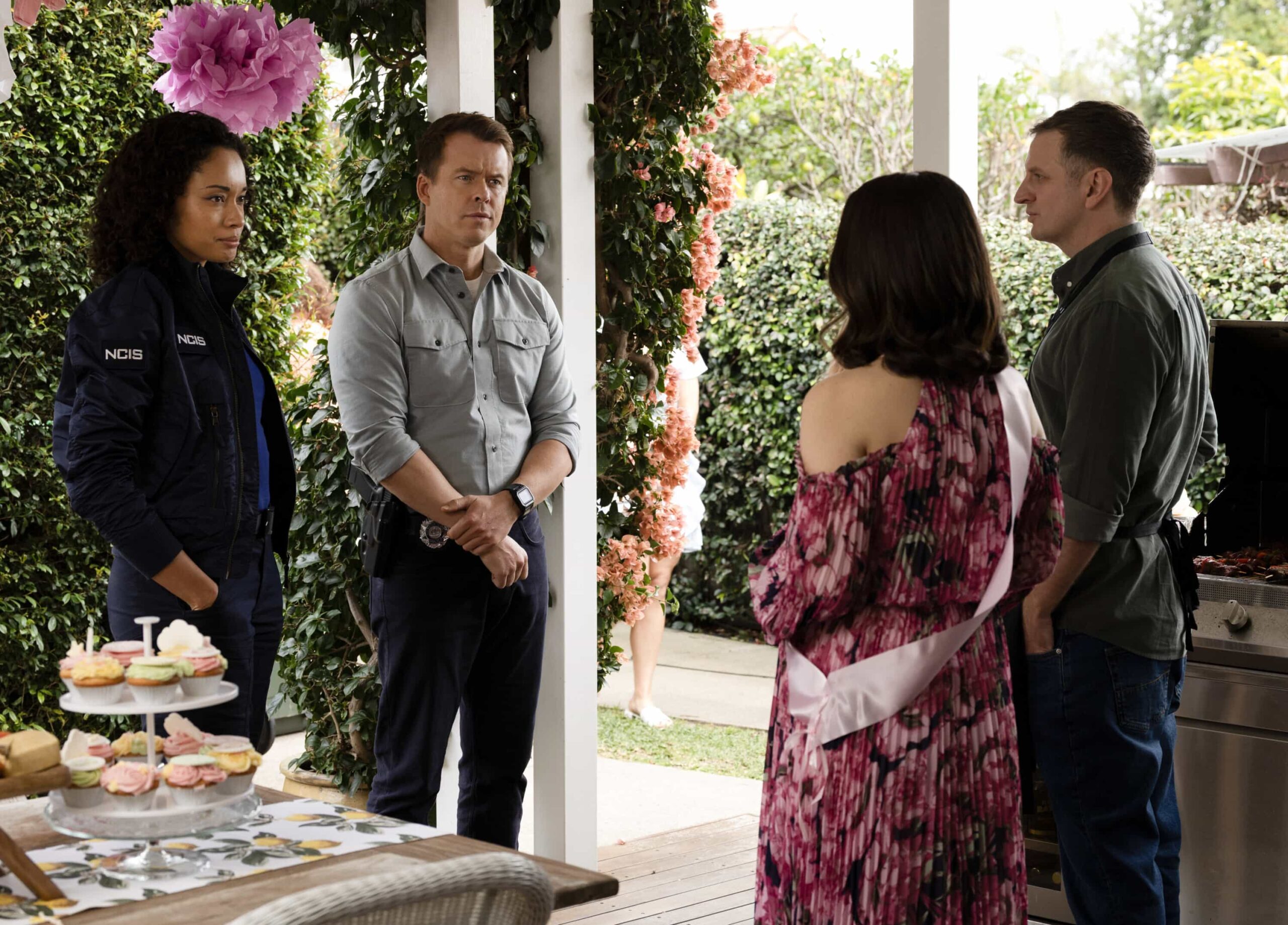 NCIS Sydney Season 3 Episode 11 Image - L-R: Olivia Swann as NCIS Special Agent Captain Michelle Mackey, Todd Lasance as AFP Liaison Officer Sergeant Jim \'JD\' Dempsey, Jessica Tovey as Alycia Williams and Aaron Glenane as David Williams in NCIS: Sydney episode 11, season 3 streaming on Paramount+, 2026. Photo Credit:  Daniel Asher Smith/Paramount+