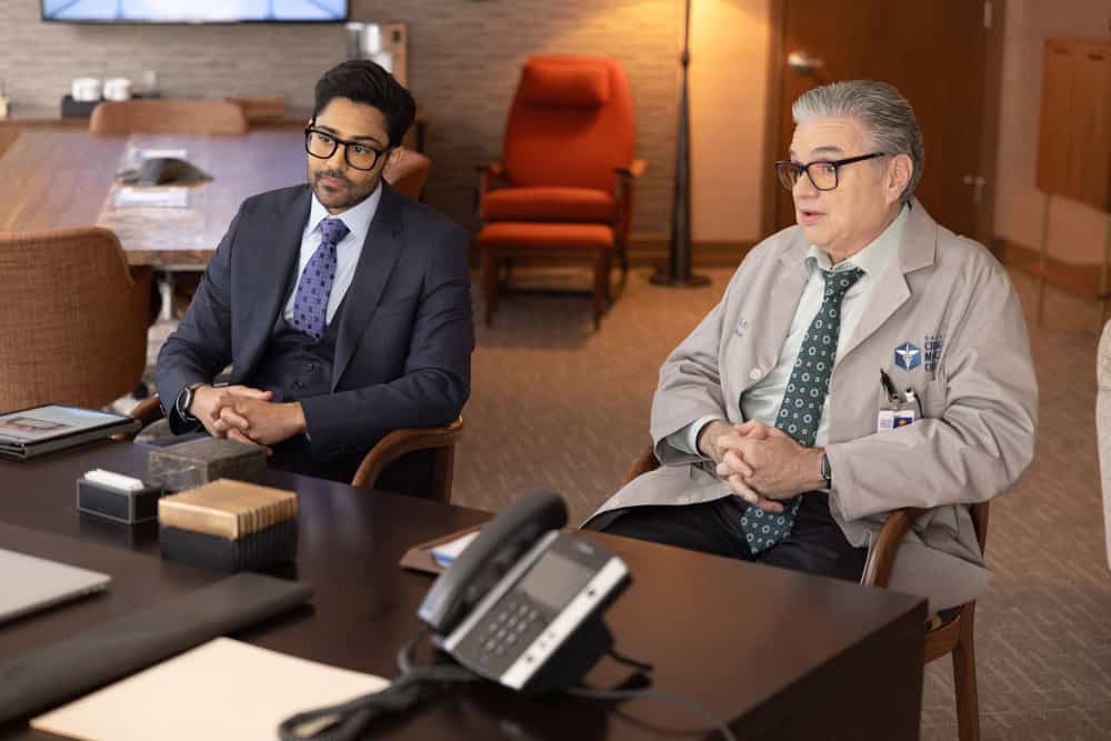 CHICAGO MED -- "The Cost of Living" Episode 1115 -- Pictured: (l-r) Manish Dayal as Dr. Theo Rabari, Oliver Platt as Dr. Daniel Charles -- (Photo by: George Burns Jr/NBC)