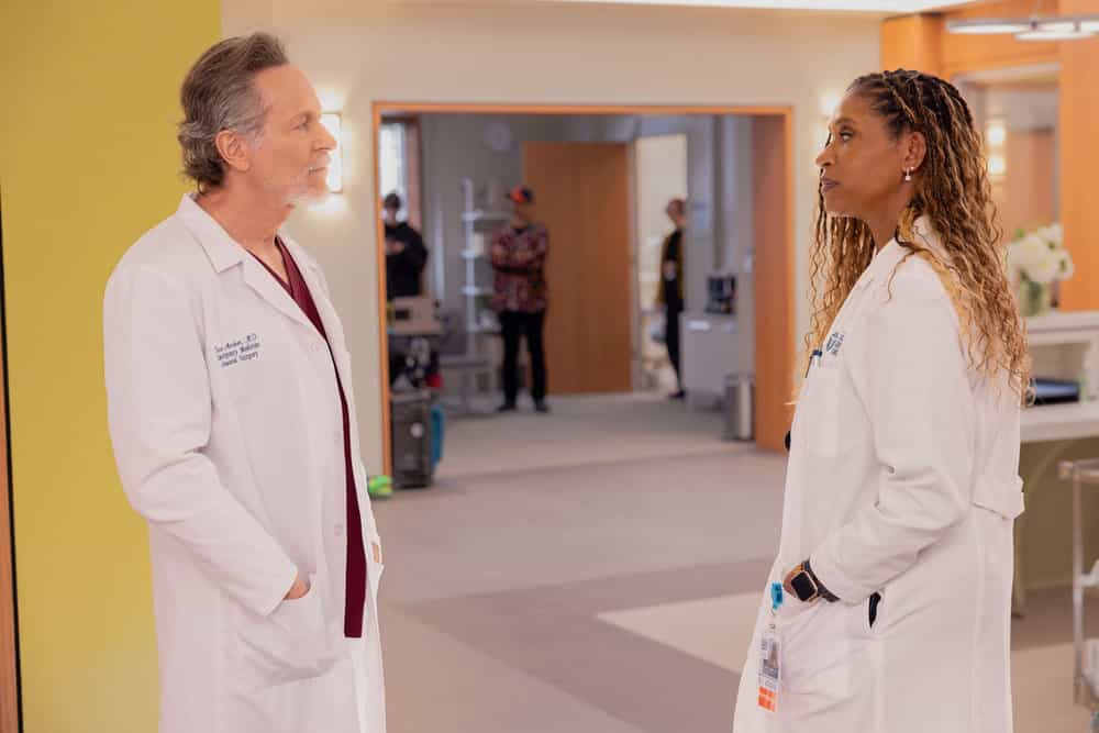 CHICAGO MED Season 11 Episode 15 Photo -- "The Cost of Living" Episode 1115 -- Pictured: (l-r) Steven Weber as Dr. Dean Archer, Merrin Dungey as Dr. Jennifer Kingston -- (Photo by: George Burns Jr/NBC)