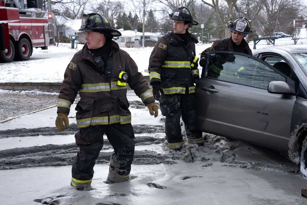 CHICAGO FIRE Season 14 Episode 15 -- "Do Not Resuscitate" Episode 1415 -- Pictured: (l-r) David Eigenberg as Christopher Herrmann, Brandon Larracuente as Sal Vasquez, Miranda Rae Mayo as Stella Kidd -- (Photo by: Peter Gordon/NBC)