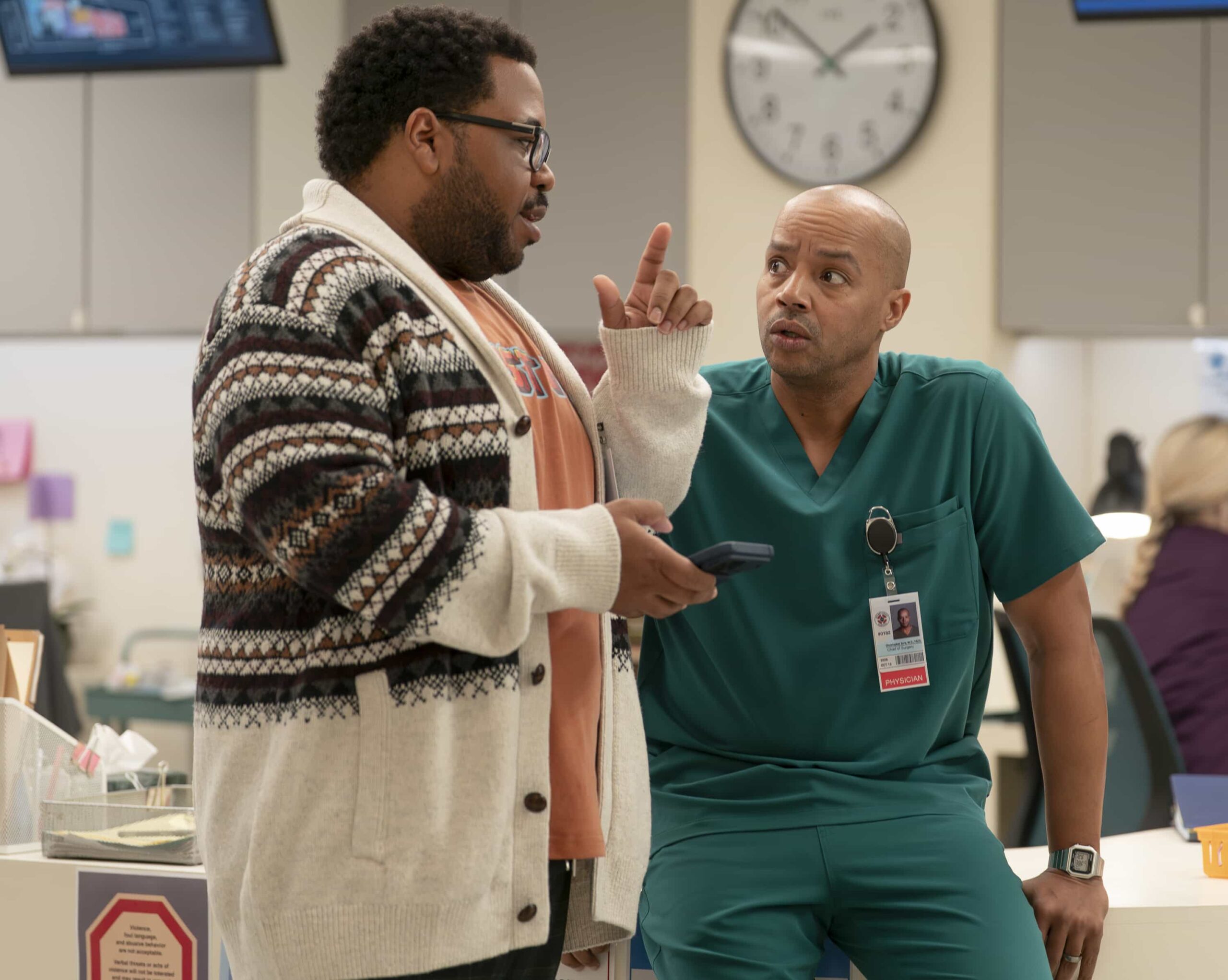 SCRUBS - “My Angel” - J.D. ventures into the world of post-divorce dating with Turk’s guidance. Elliot gets creative when sourcing an organ for a beloved elderly patient, while the interns learn about the unspoken rules of the hospital. WEDNESDAY, MARCH 18 (8:00-8:30 p.m. EDT) on ABC. (Disney/Darko Sikman) 
EDDIE LEAVY, DONALD FAISON
