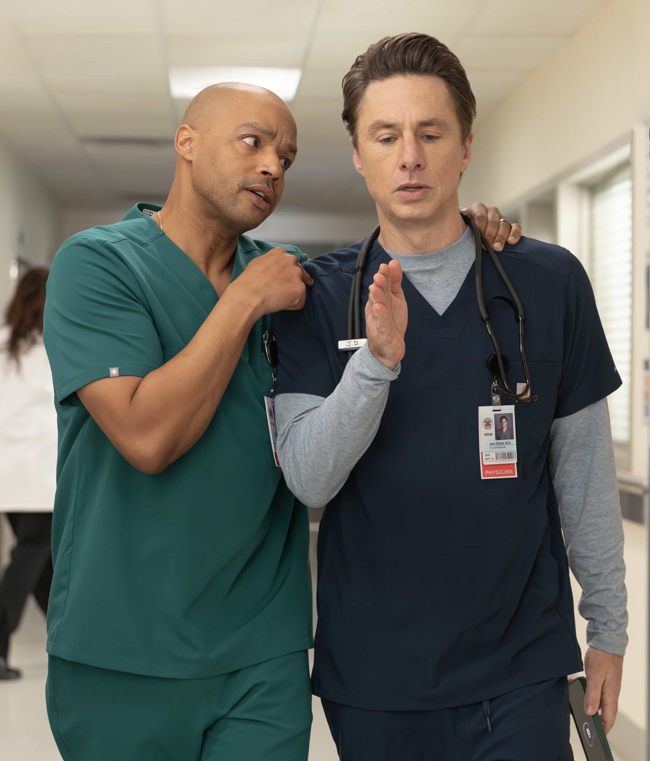 SCRUBS Season 10 Episode 5 Picture - “My Angel” - J.D. ventures into the world of post-divorce dating with Turk’s guidance. Elliot gets creative when sourcing an organ for a beloved elderly patient, while the interns learn about the unspoken rules of the hospital. WEDNESDAY, MARCH 18 (8:00-8:30 p.m. EDT) on ABC. (Disney/Darko Sikman) 
DONALD FAISON, ZACH BRAFF