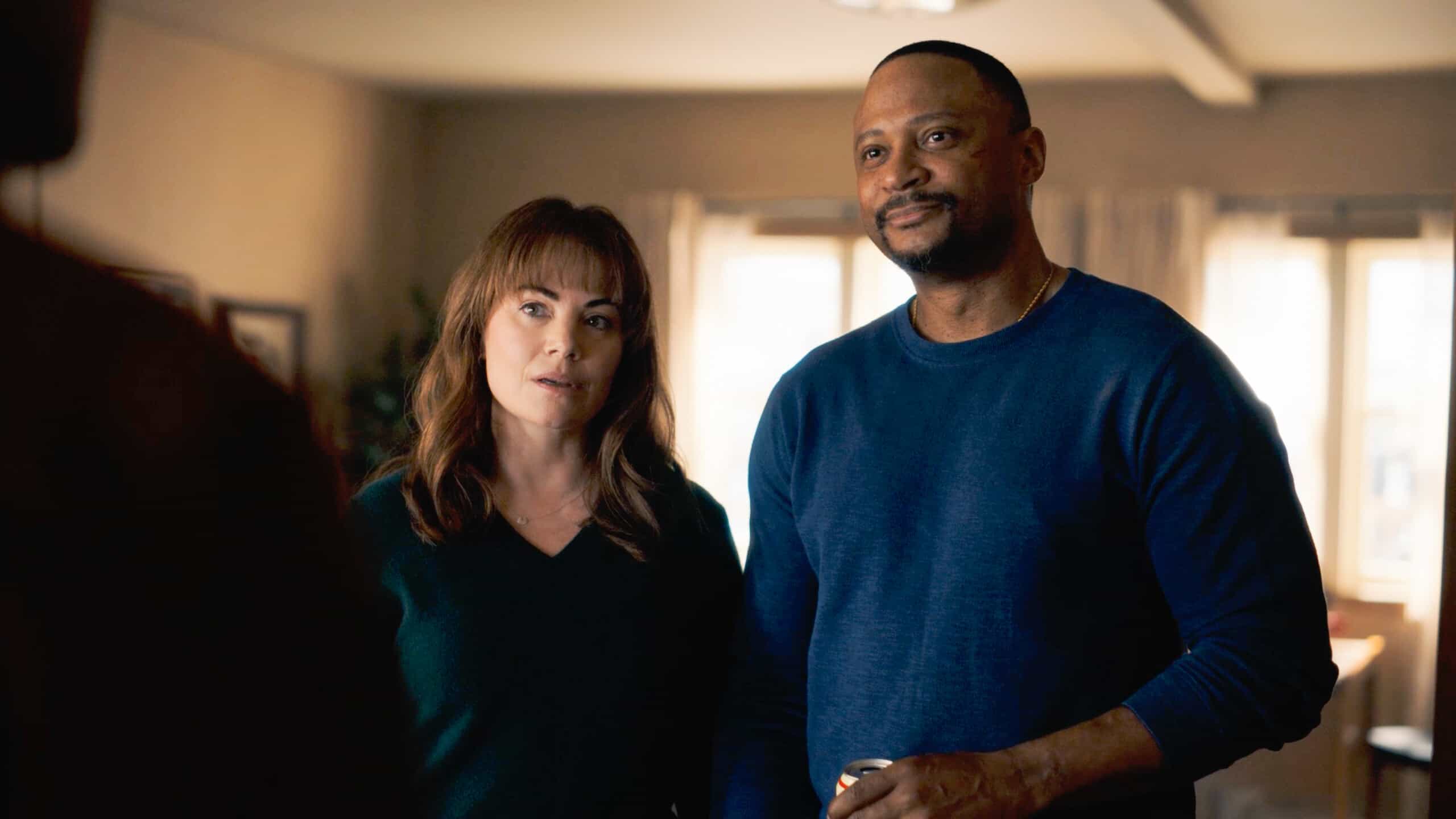 Tracker Season 3 Episode 13 - Tracker on the CBS Television Network and streaming on Paramount+ (live and on-demand for Paramount+ with SHOWTIME subscribers, or on-demand for Paramount+ Essential subscribers the day after the episode airs)*. Pictured: Erica Durance as Laura and David Ramsey as Hale Ripley. Photo: CBS ©2025 CBS Broadcasting, Inc. All Rights Reserved. Highest quality screengrab available.