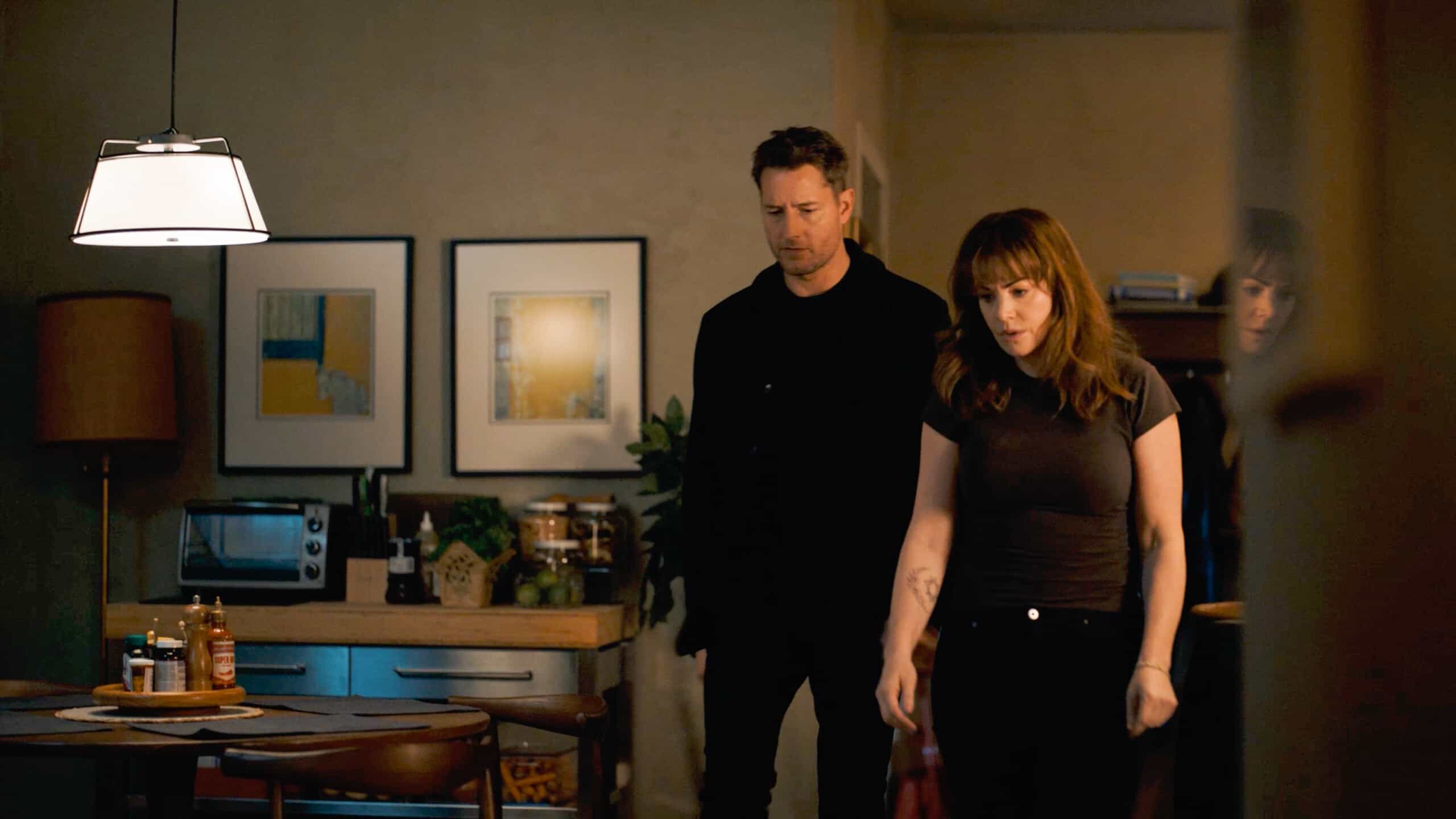 Tracker on the CBS Television Network and streaming on Paramount+ (live and on-demand for Paramount+ with SHOWTIME subscribers, or on-demand for Paramount+ Essential subscribers the day after the episode airs)*. Pictured: Justin Hartley as Colter Shaw and Erica Durance as Laura. Photo: CBS ©2025 CBS Broadcasting, Inc. All Rights Reserved. Highest quality screengrab available.