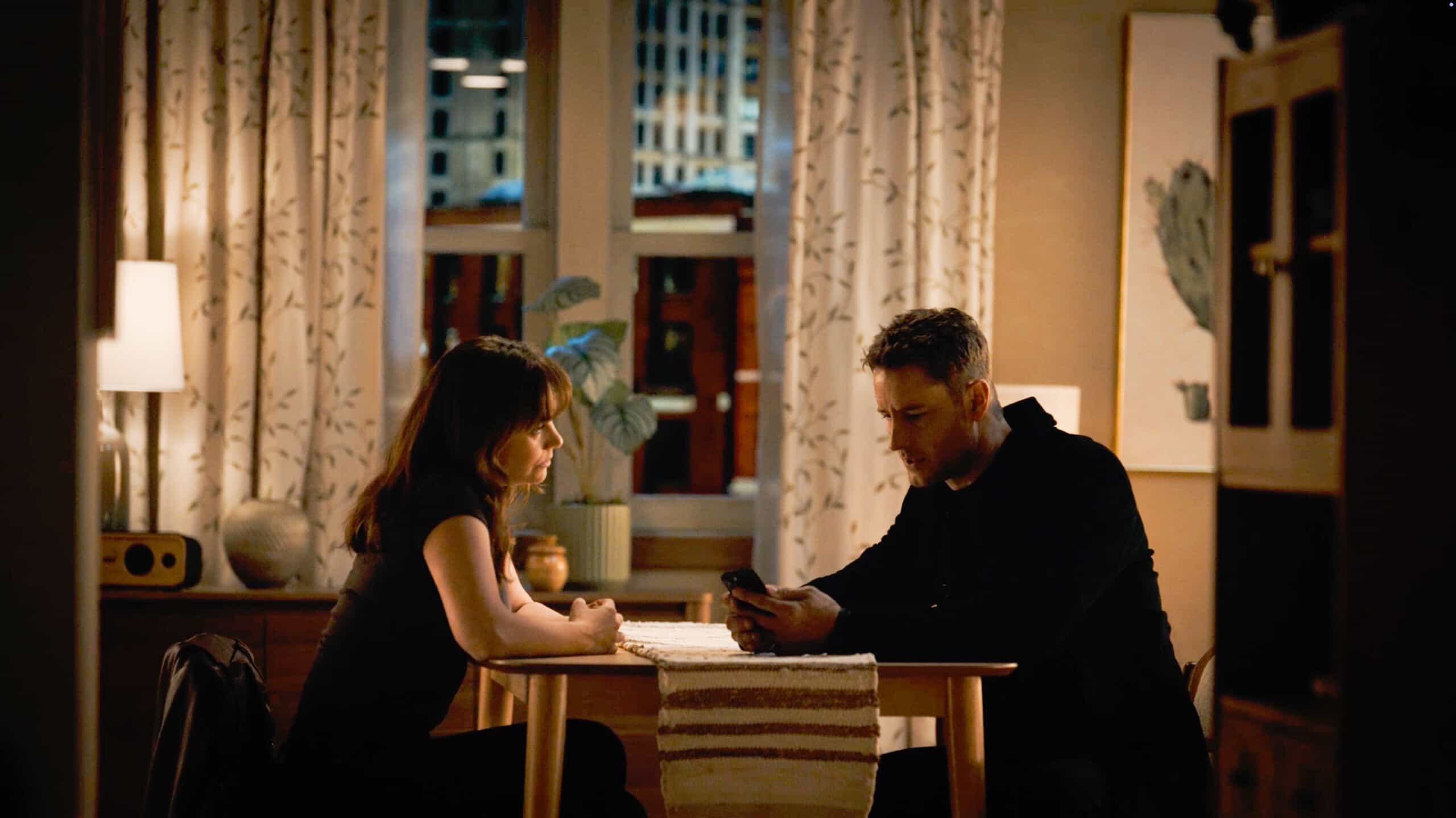 Tracker on the CBS Television Network and streaming on Paramount+ (live and on-demand for Paramount+ with SHOWTIME subscribers, or on-demand for Paramount+ Essential subscribers the day after the episode airs)*. Pictured: Erica Durance as Laura and Justin Hartley as Colter Shaw. Photo: CBS ©2025 CBS Broadcasting, Inc. All Rights Reserved. Highest quality screengrab available.