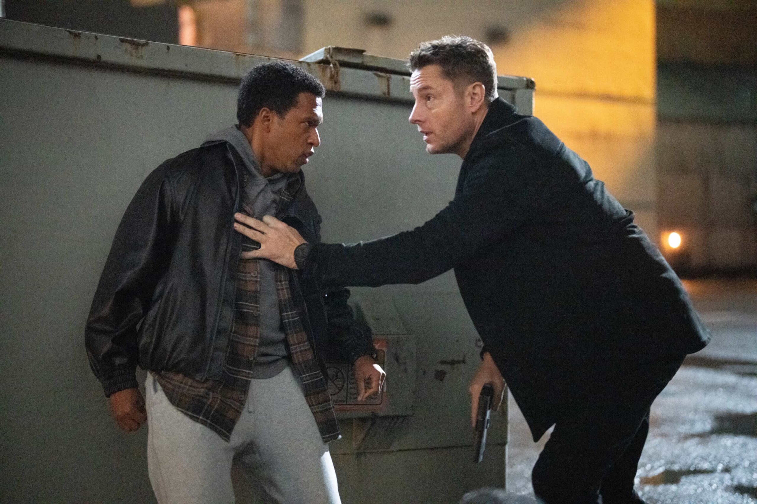 Tracker Season 3 Episode 13 Picture “Breakaway” – After Baxter, a veteran stuntman, disappears following a risky stunt, his girlfriend, Laura, calls Colter to investigate a B-movie set, uncovering shady producers and a trail that leads into a dangerous underground world. Pictured: Lovelle Adams-Gray as Dalton Ripley and Justin Hartley as Colter Shaw. Photo: David Bukach/CBS ©2025 CBS Broadcasting, Inc. All Rights Reserved.