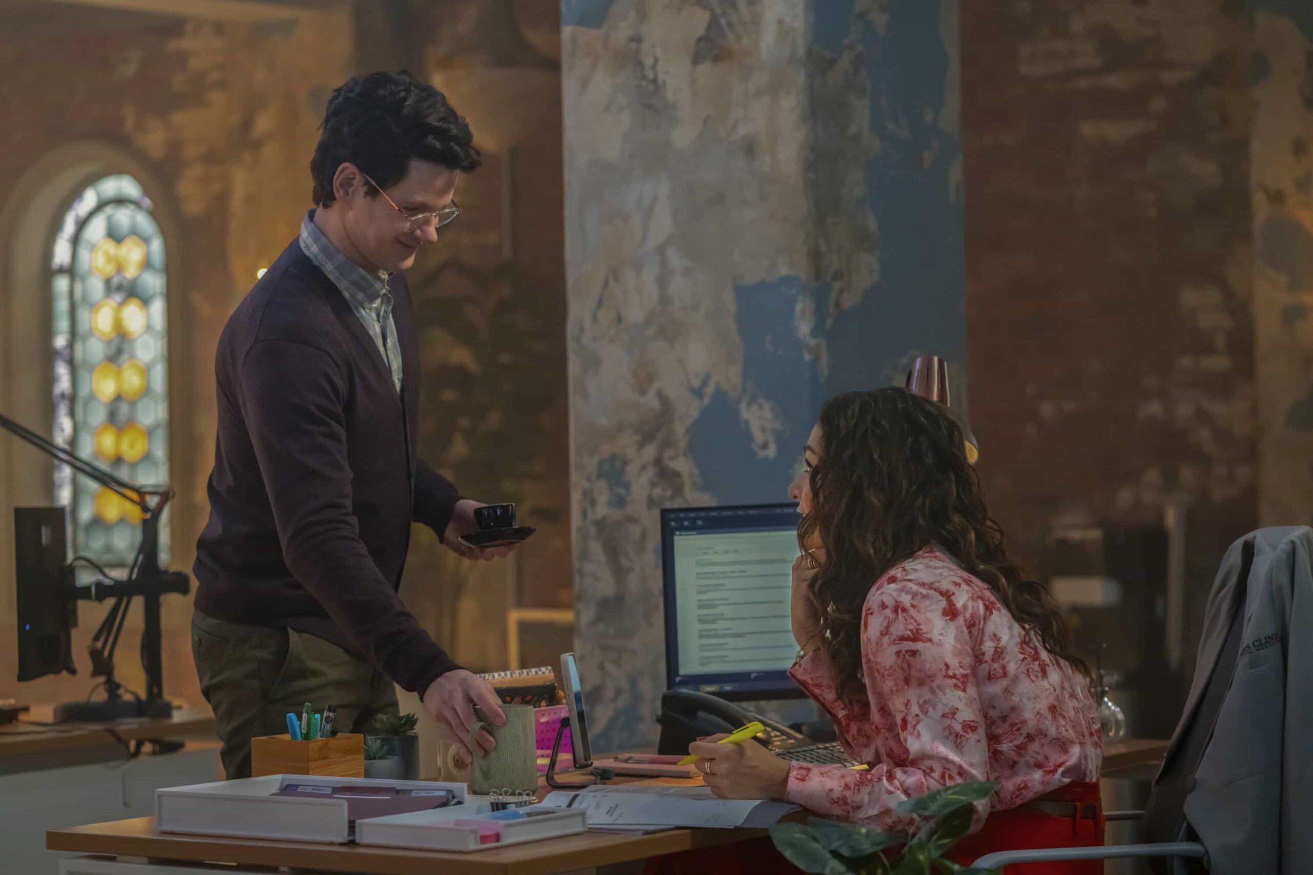 “Wrongful Life” - Watson is sued for Wrongful Life by a long-term patient suffering from VACTERL association, who has to undergo multiple painful surgeries after a freak accident breaks his back, on WATSON, Sunday, March 22 (10:00-11:00 PM, ET/PT) on the CBS Television Network, and streaming on Paramount+*  Pictured (L-R): Peter Mark Kendall as Dr. Stephens Croft and Inga Schlingmann as Dr. Sasha Lubbock   Photo: Colin Bentley/CBS ©2025 CBS Broadcasting, Inc. All Rights Reserved.