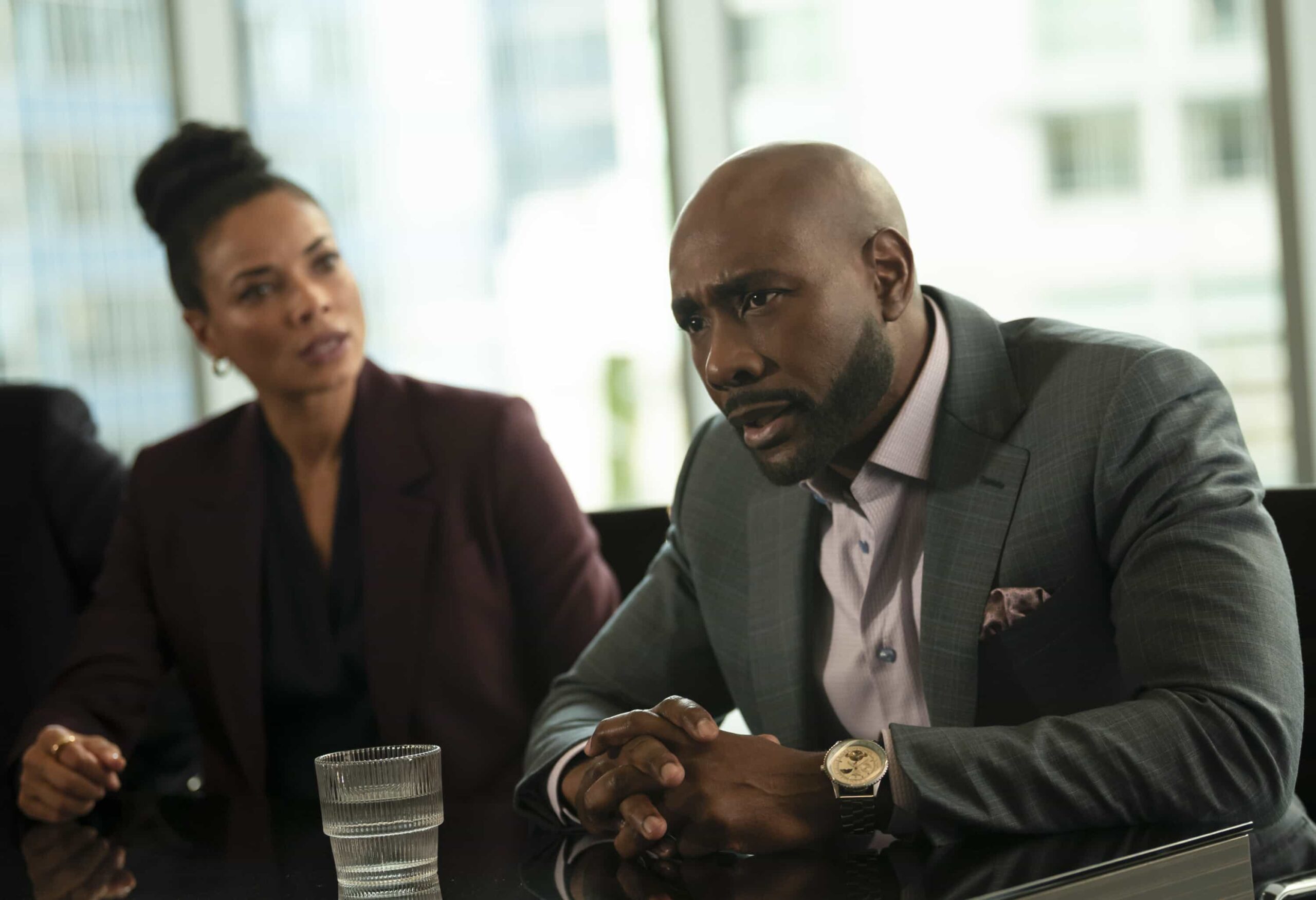 Watson Season 2 Episode 14 “Wrongful Life” - Watson is sued for Wrongful Life by a long-term patient suffering from VACTERL association, who has to undergo multiple painful surgeries after a freak accident breaks his back, on WATSON, Sunday, March 22 (10:00-11:00 PM, ET/PT) on the CBS Television Network, and streaming on Paramount+*  Pictured (L-R):  Rochelle Aytes as Dr. Mary Morstan, and Morris Chestnut as Dr. John Watson   Photo: Sergei Bachlakov/CBS ©2025 CBS Broadcasting, Inc. All Rights Reserved.