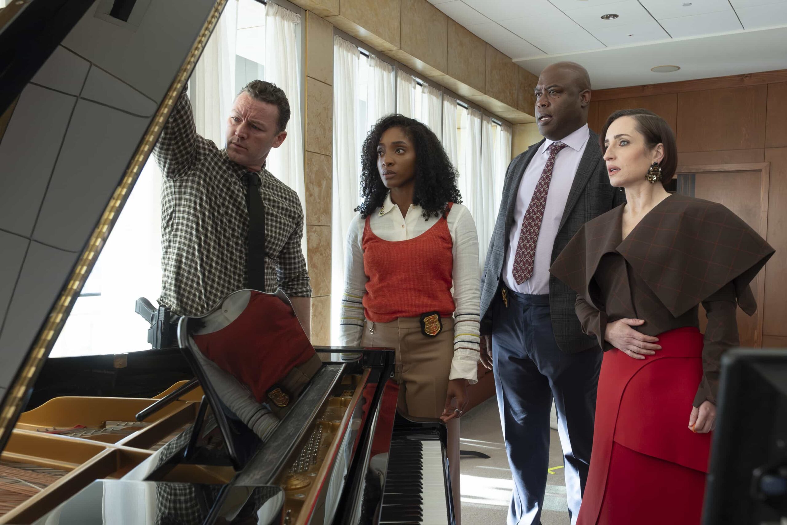 WILL TRENT Season 4 Episode 12 Photo - “I Hear It Now, I Was Good” - Will grows anxious over the whereabouts of his uncle, drawing emotional support from Angie. Meanwhile, the murder of a famed conductor, found with cryptic musical clues, pulls Ormewood, Faith and Franklin into the world of the Atlanta Symphony. TUESDAY, MARCH 24 (8:00-9:00 p.m. EDT) on ABC. (Disney/Wilford Harewood) 
JAKE MCLAUGHLIN, IANTHA RICHARDSON, KEVIN DANIELS, ZOE LISTER JONES