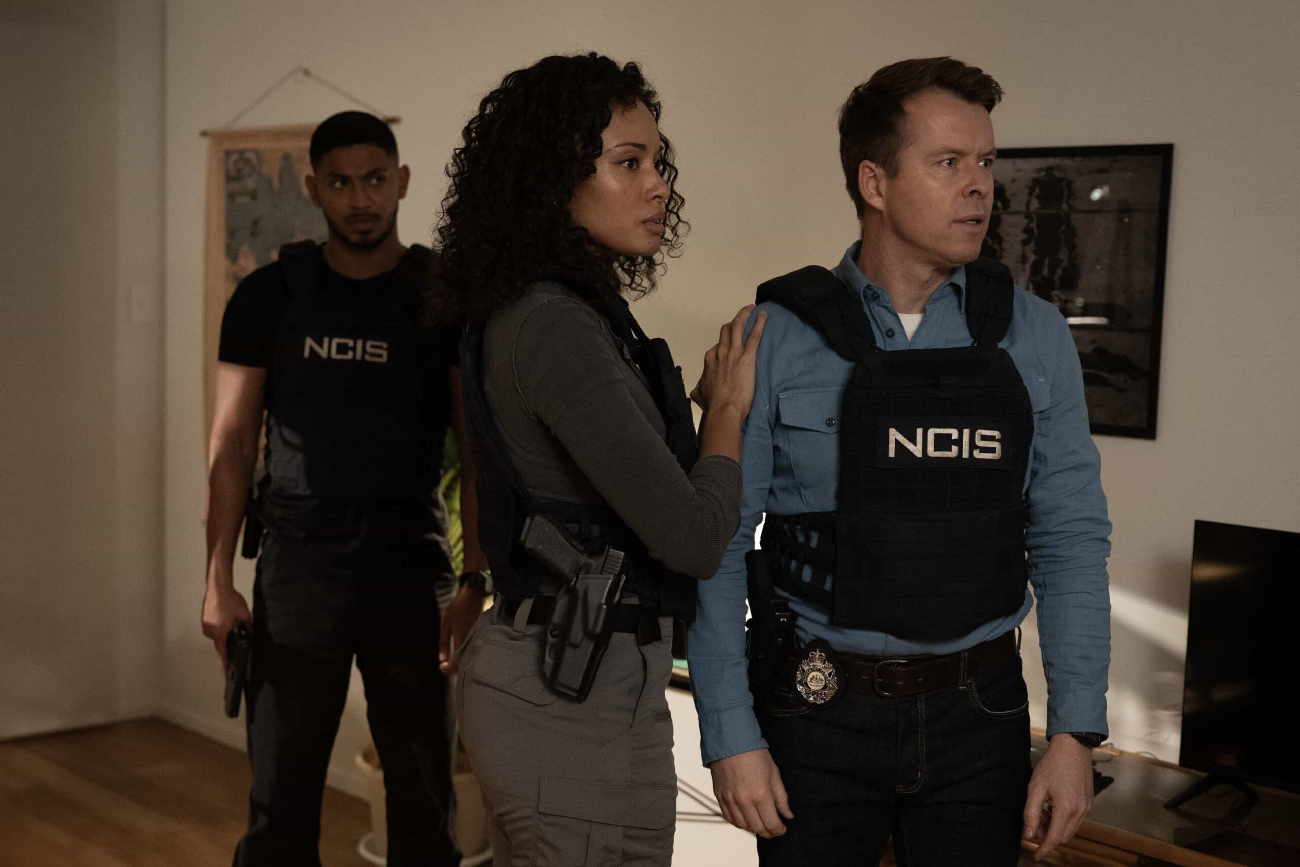 L-R: Sean Sagar as NCIS Special Agent DeShawn Jackson, Olivia Swann as NCIS Special Agent Captain Michelle Mackey, and Todd Lasance as AFP Liaison Officer Sergeant Jim \'JD\' Dempsey in NCIS: Sydney episode 12, season 3 streaming on Paramount+, 2026. Photo Credit:  Daniel Asher Smith/Paramount+