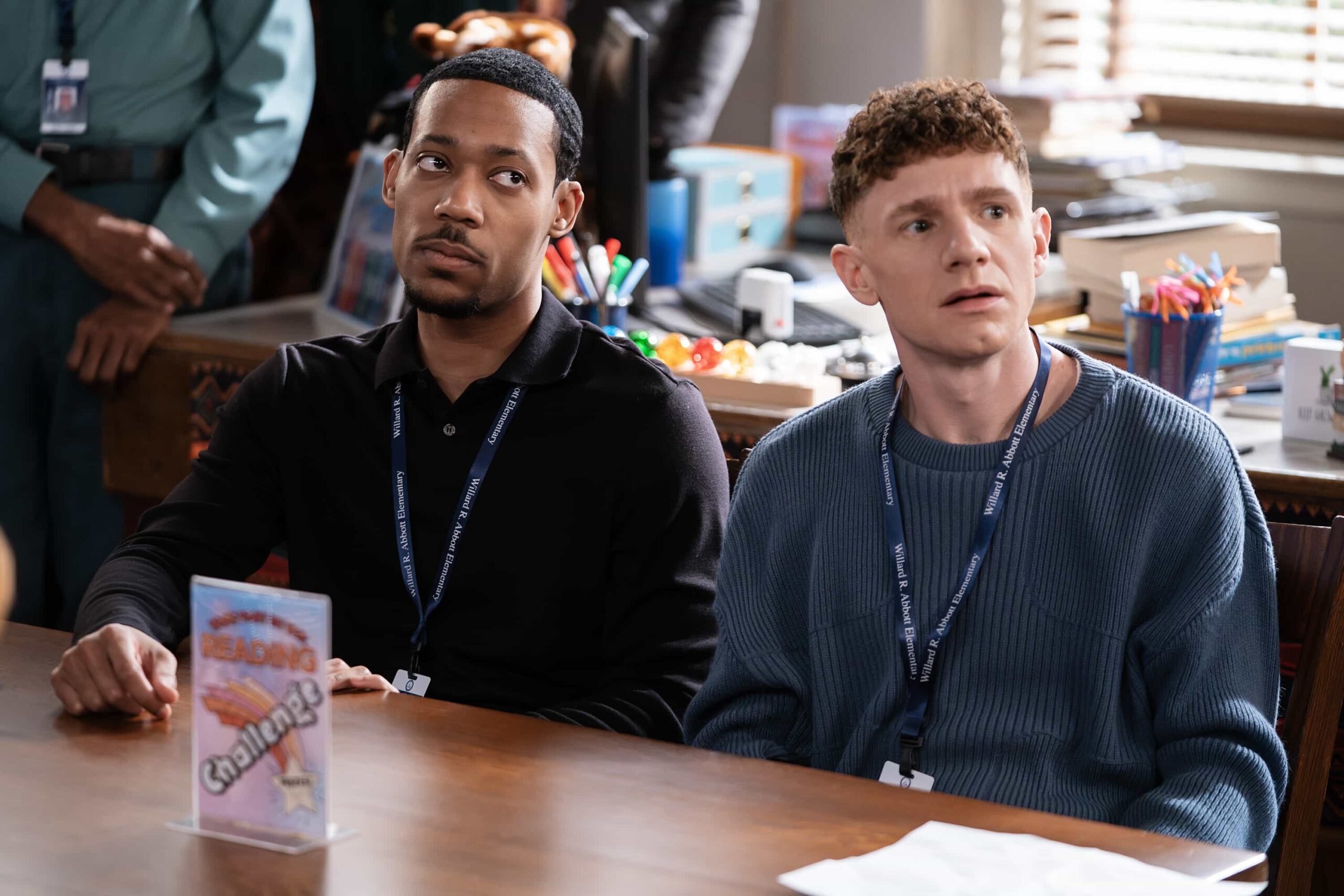 ABBOTT ELEMENTARY - “No Homework” - Ava implements a no-homework policy at Abbott, sparking debate amongst the teachers. WEDNESDAY, MARCH 25 (8:30-9:02 p.m. EDT) on ABC. (Disney/Gilles Mingasson) 
TYLER JAMES WILLIAMS, CHRIS PERFETTI